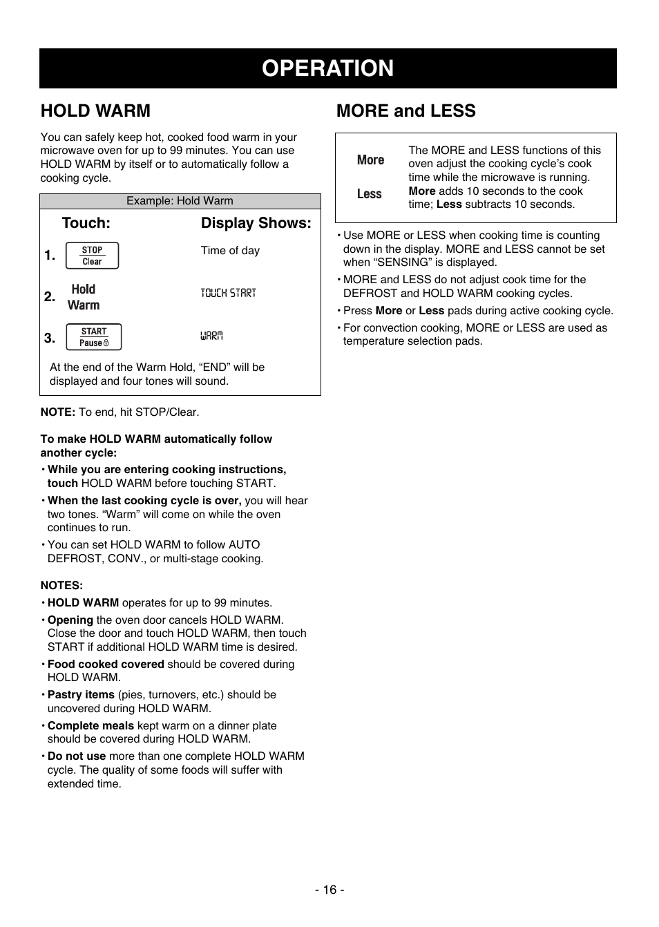 Operation, More and less, Hold warm | Touch, Display shows | LG LCSC1513ST User Manual | Page 16 / 40