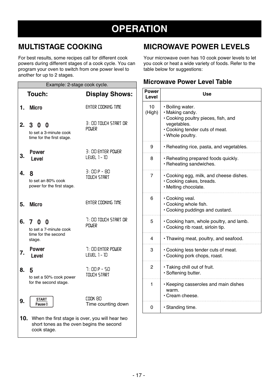 Operation, Multistage cooking, Microwave power levels | Touch: display shows, Microwave power level table | LG LCSC1513ST User Manual | Page 17 / 40
