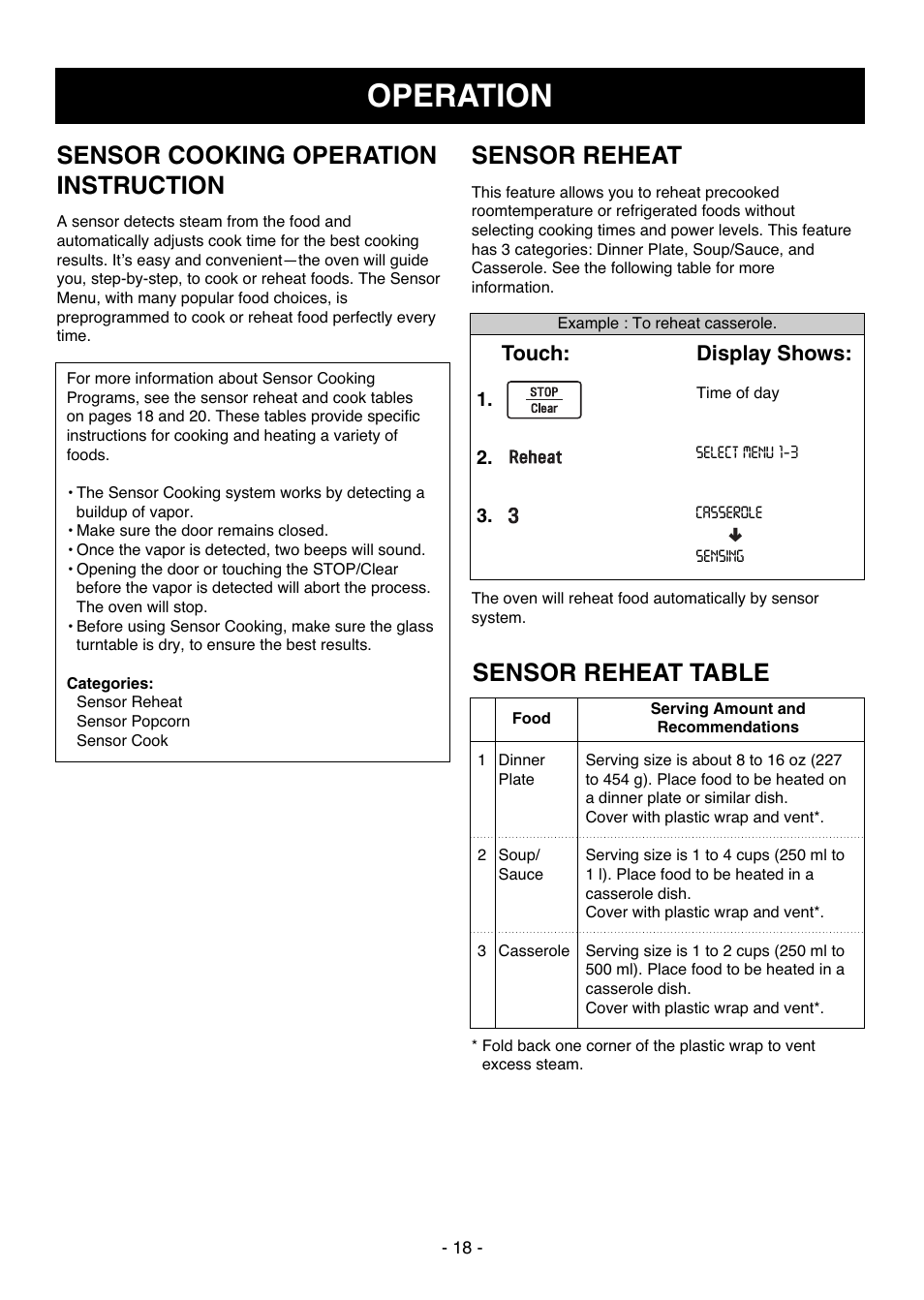 Operation, Sensor reheat, Sensor cooking operation instruction | Sensor reheat table | LG LCSC1513ST User Manual | Page 18 / 40