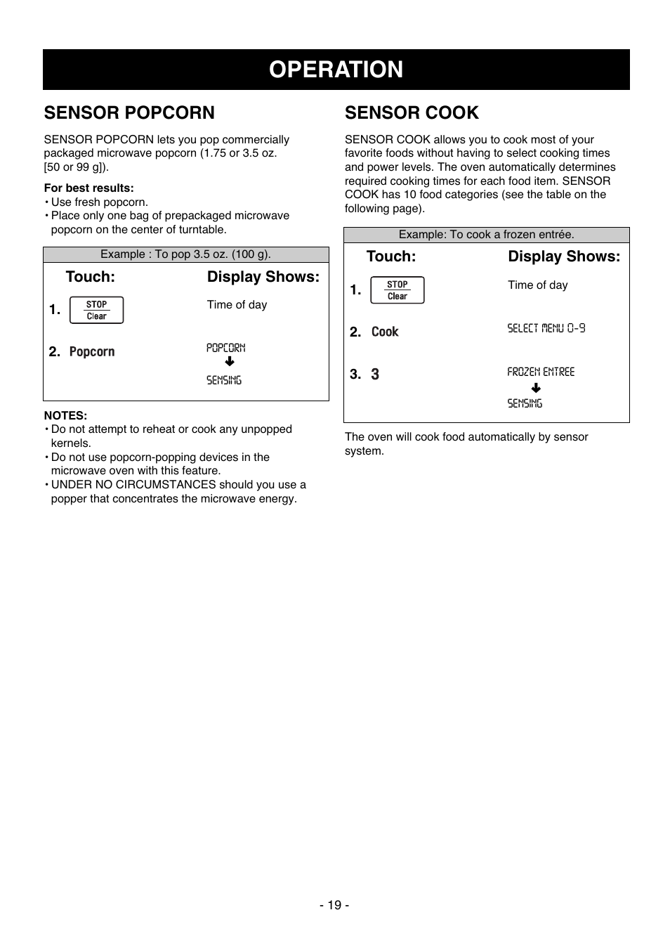 Operation, Sensor popcorn, Sensor cook | LG LCSC1513ST User Manual | Page 19 / 40