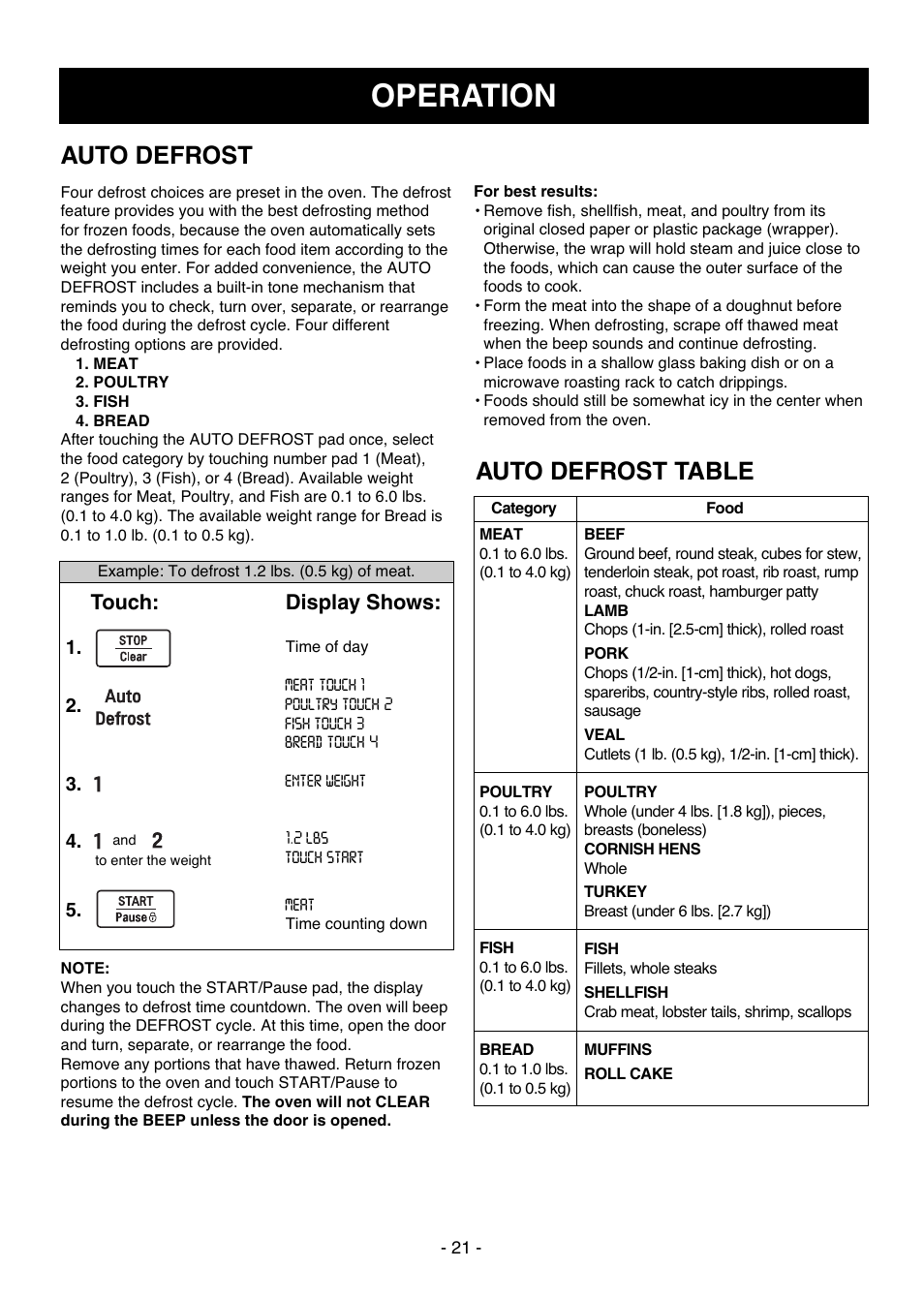 Operation, Auto defrost, Auto defrost table | Touch, Display shows | LG LCSC1513ST User Manual | Page 21 / 40