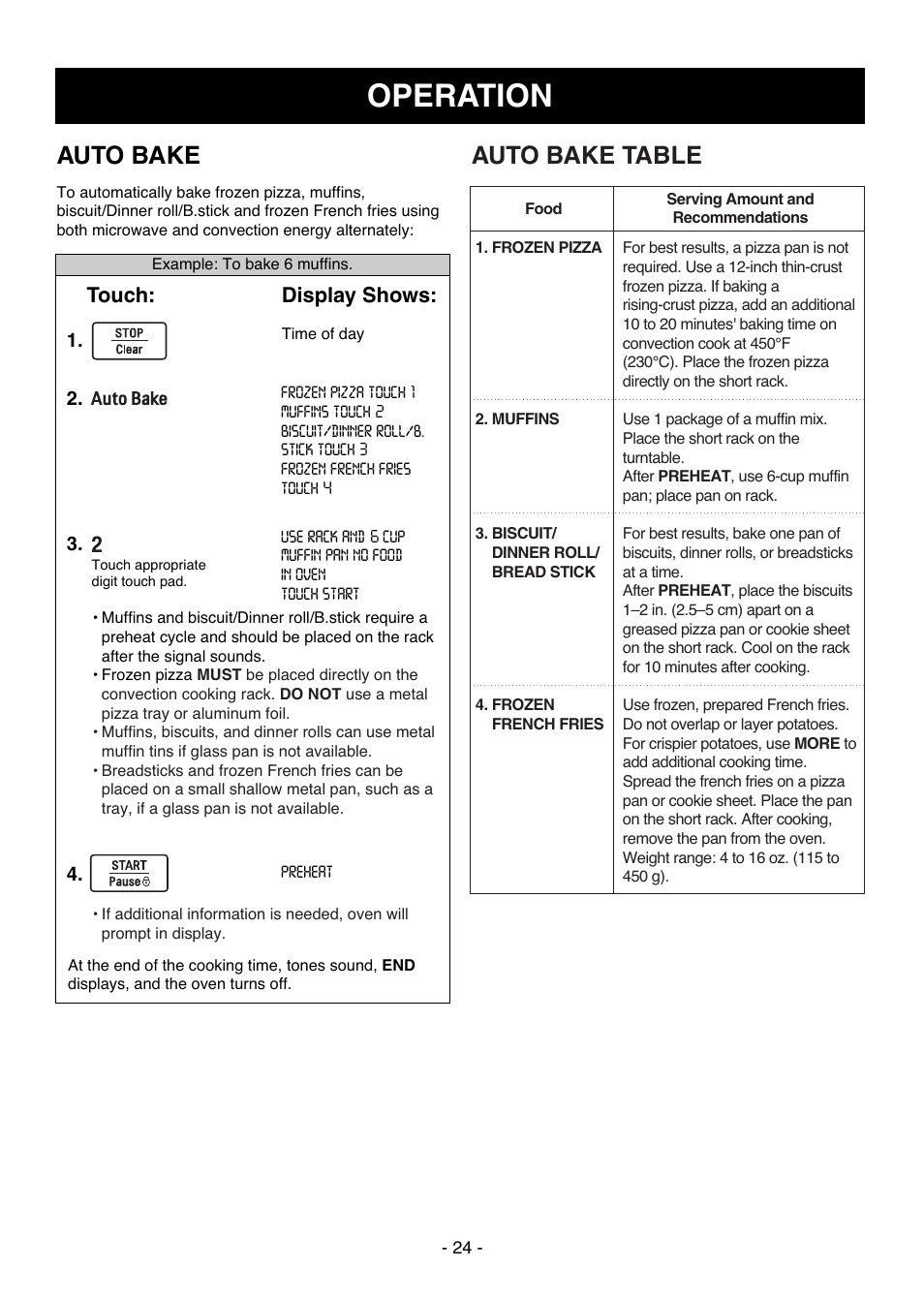 Operation, Auto bake, Auto bake table | Touch, Display shows | LG LCSC1513ST User Manual | Page 24 / 40