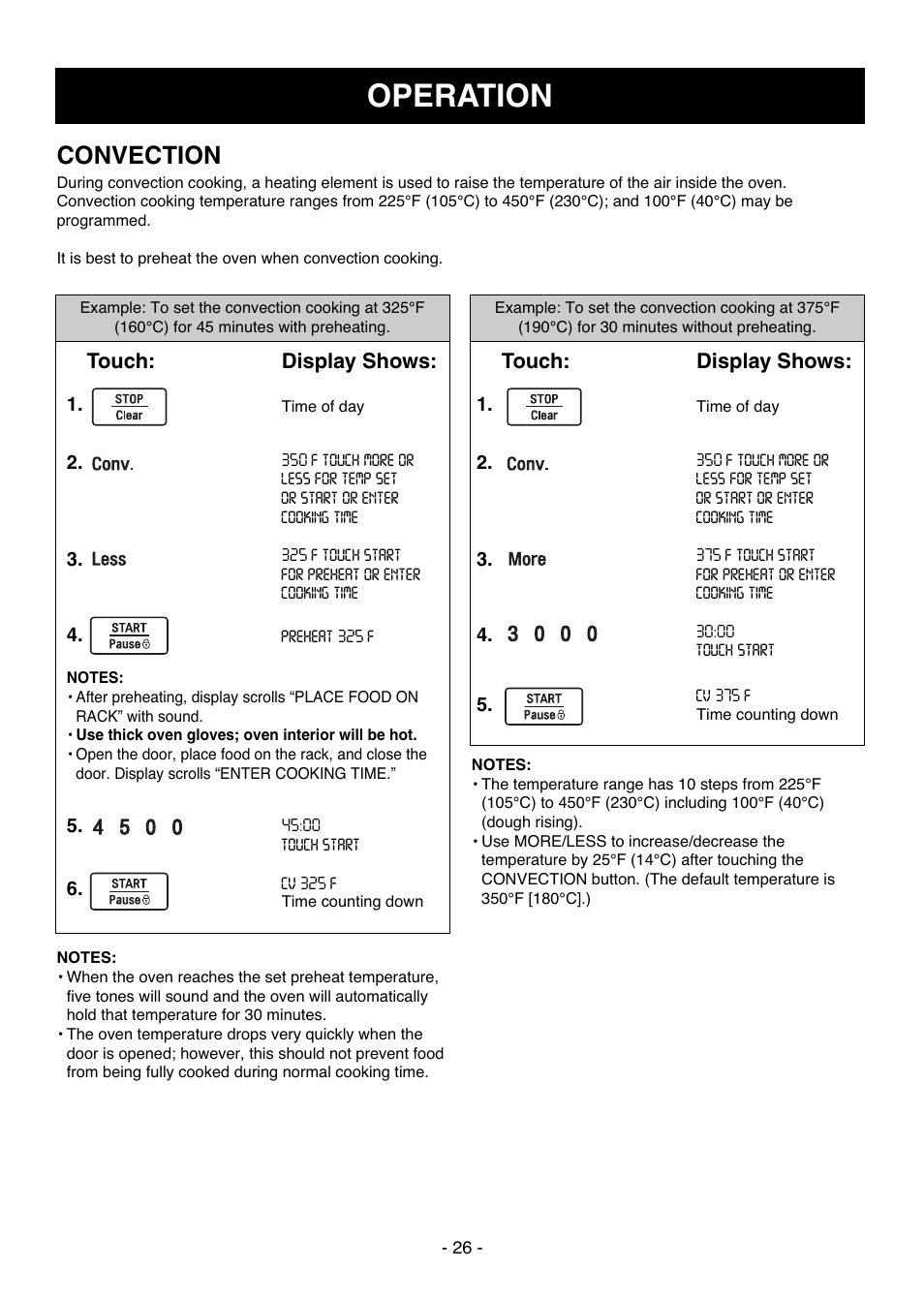 Operation, Convection, Touch | Display shows | LG LCSC1513ST User Manual | Page 26 / 40