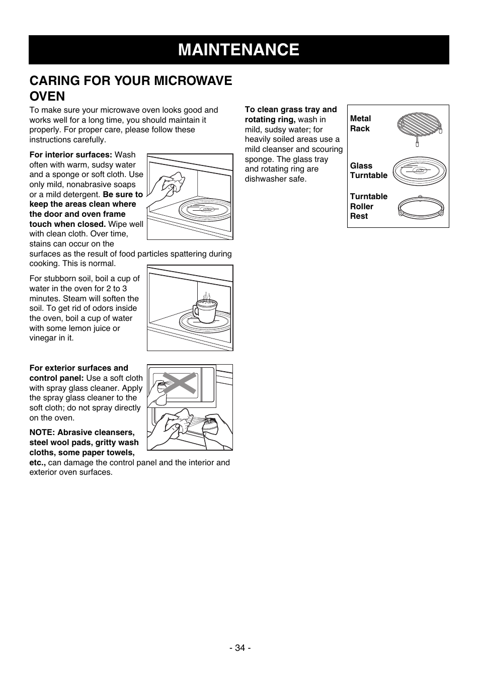 Maintenance, Caring for your microwave oven | LG LCSC1513ST User Manual | Page 34 / 40