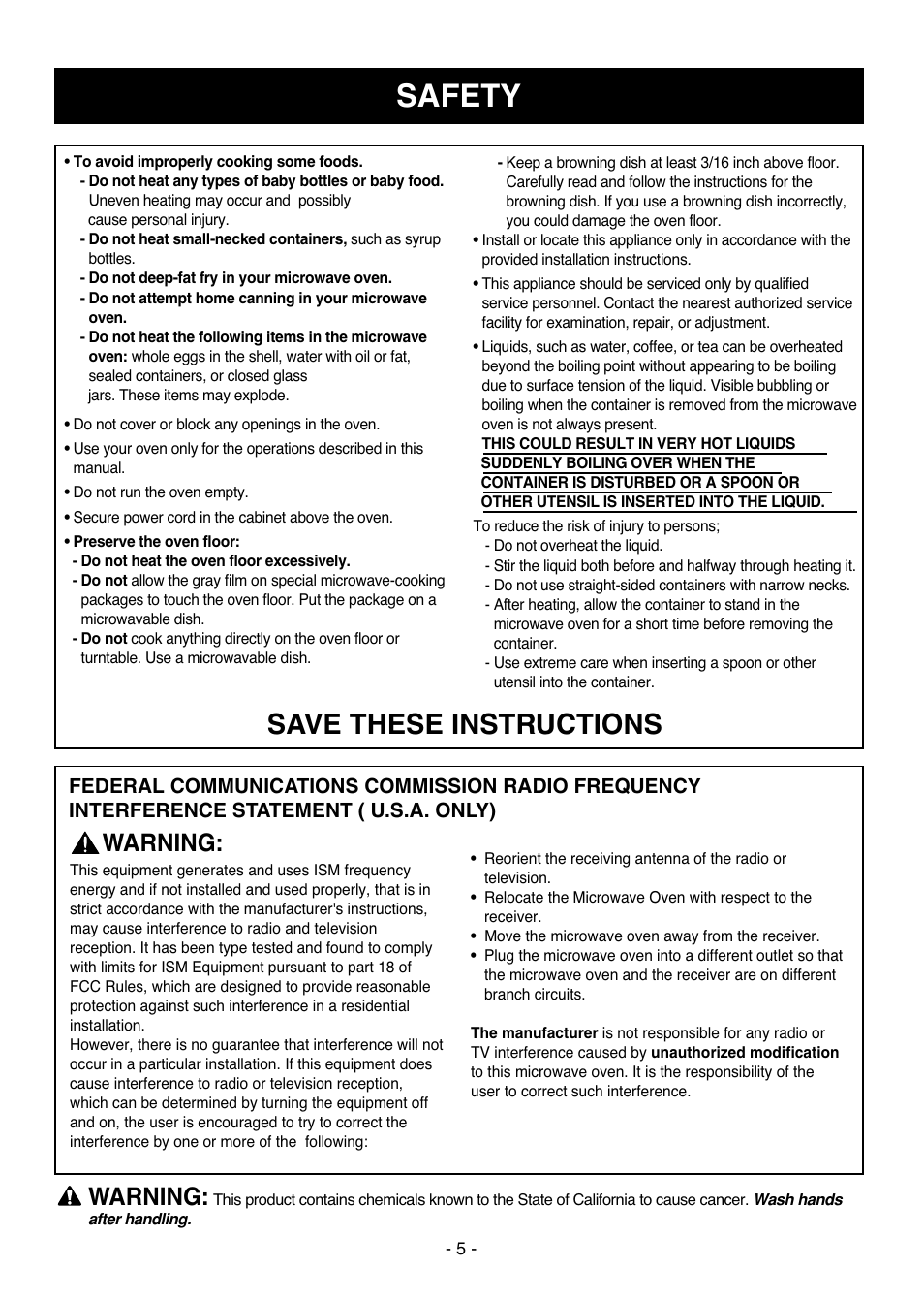 Safety, Save these instructions, Warning | LG LCSC1513ST User Manual | Page 5 / 40