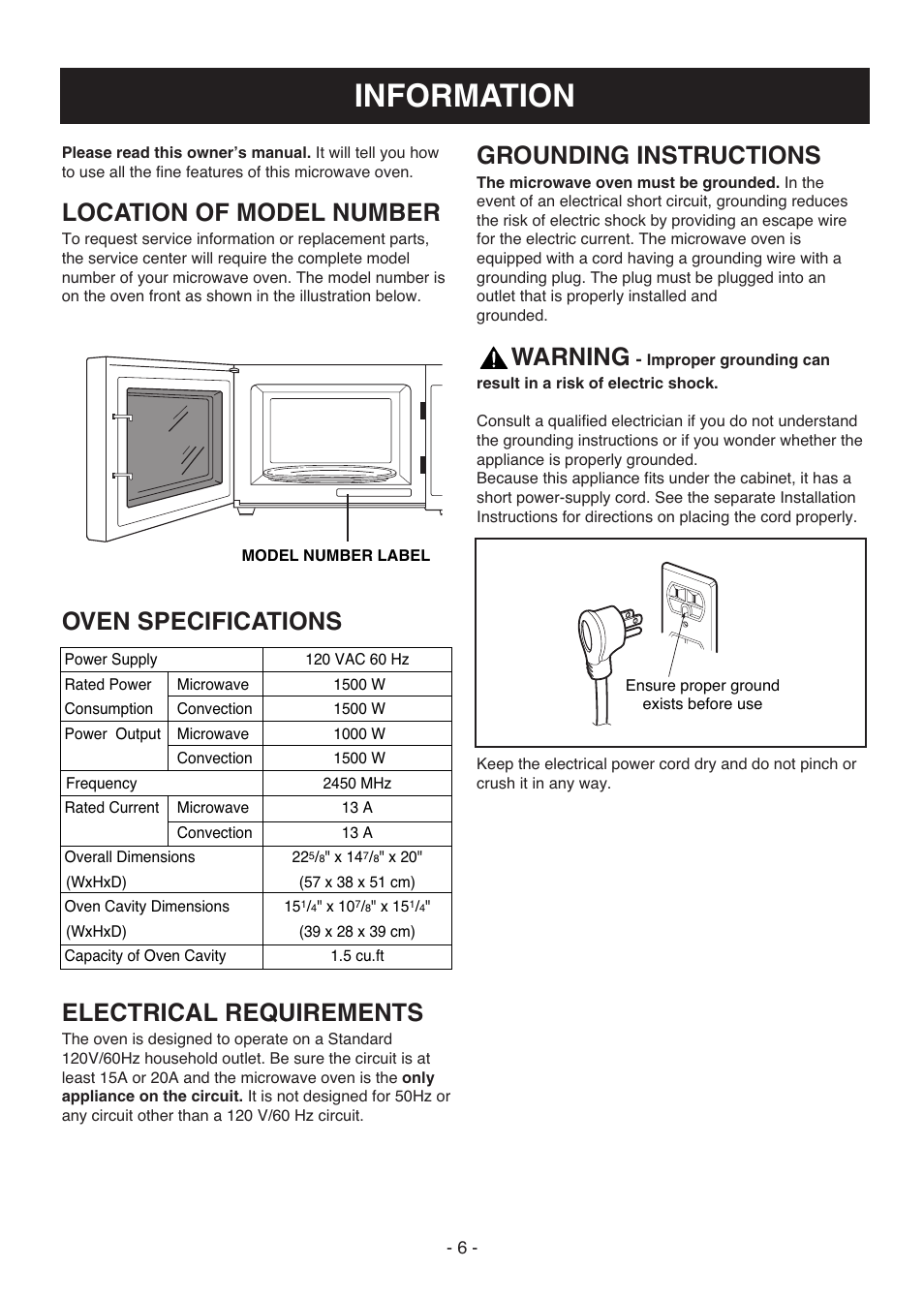 Information, Location of model number, Oven specifications electrical requirements | Grounding instructions, Warning | LG LCSC1513ST User Manual | Page 6 / 40