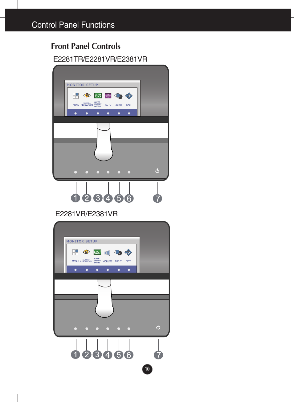 Control panel functions, Front panel controls | LG E2281VR-BN User Manual | Page 11 / 35