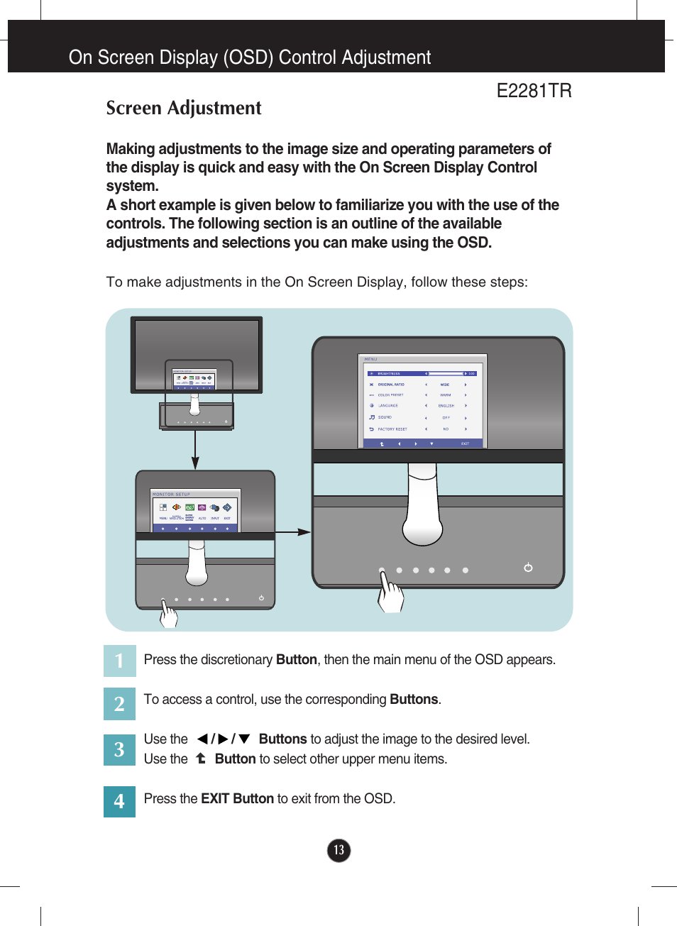 On screen display (osd) control adjustment, Screen adjustment, E2281tr | LG E2281VR-BN User Manual | Page 14 / 35