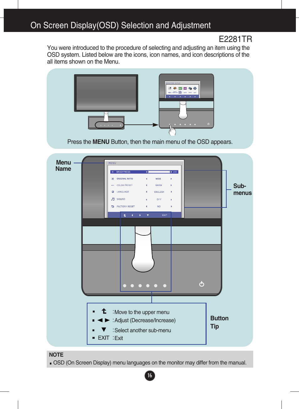 Menu, E2281tr, On screen display(osd) selection and adjustment | LG E2281VR-BN User Manual | Page 17 / 35