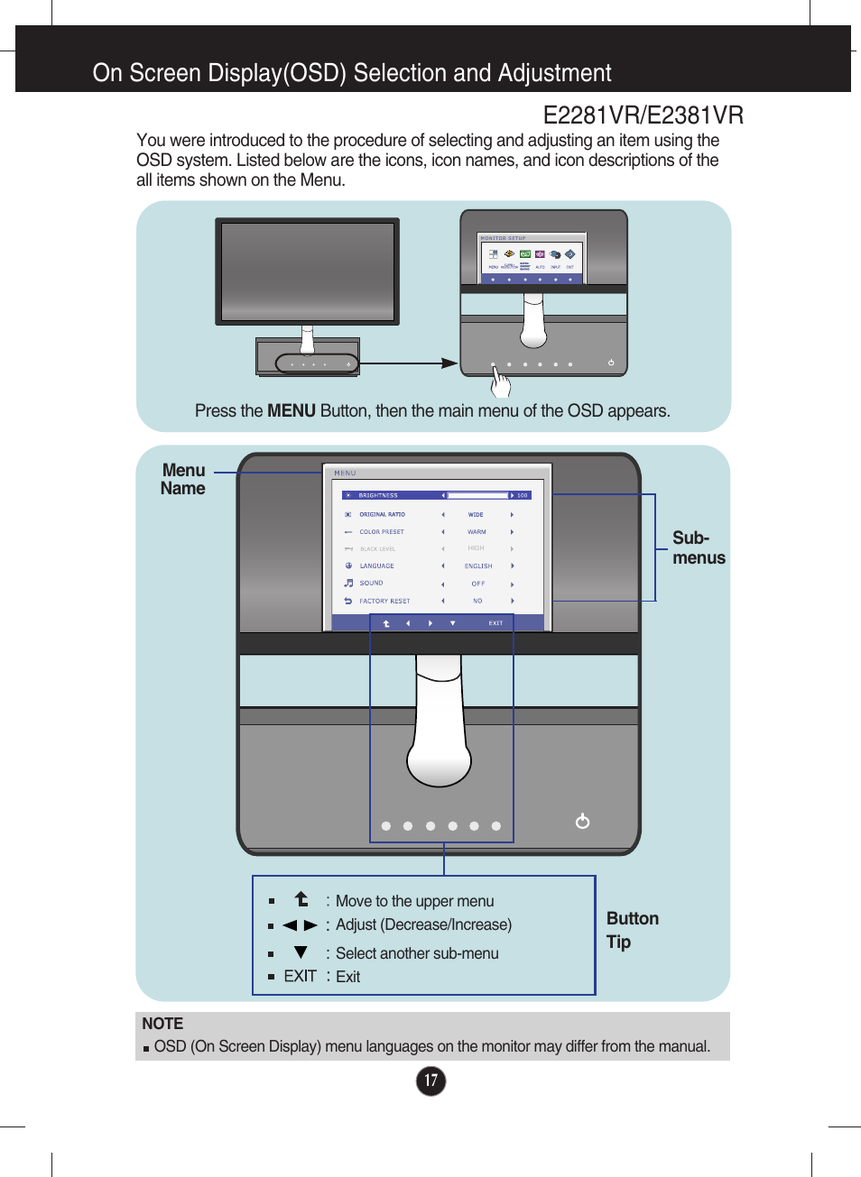 E2281vr/e2381vr, On screen display(osd) selection and adjustment | LG E2281VR-BN User Manual | Page 18 / 35