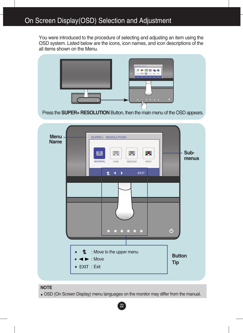 Super+ resolution, On screen display(osd) selection and adjustment | LG E2281VR-BN User Manual | Page 23 / 35