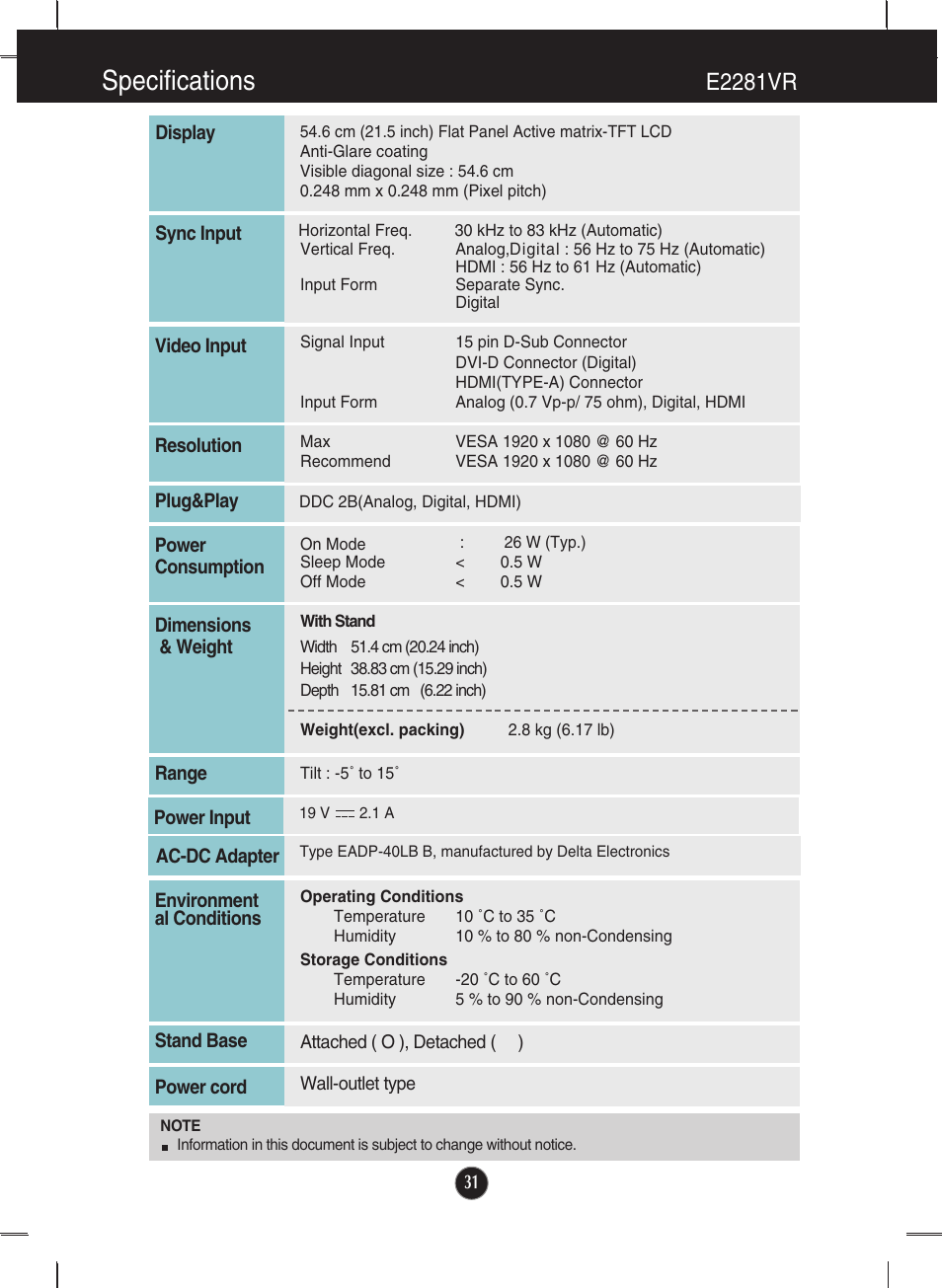 E2281vr, Specifications | LG E2281VR-BN User Manual | Page 32 / 35