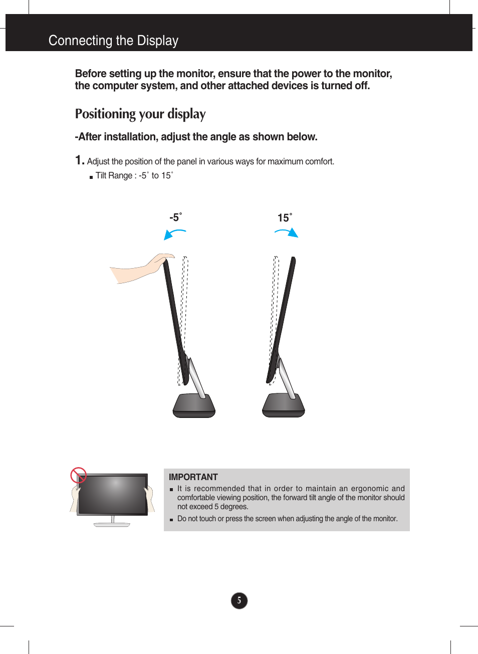 Connecting the display, Positioning your display | LG E2281VR-BN User Manual | Page 6 / 35