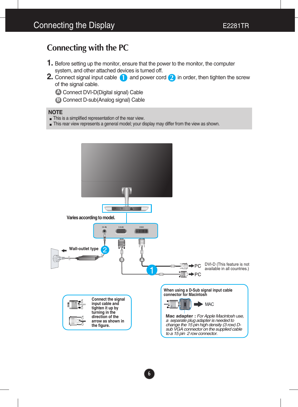 Connecting with the pc, E2281tr, Connecting the display | LG E2281VR-BN User Manual | Page 7 / 35