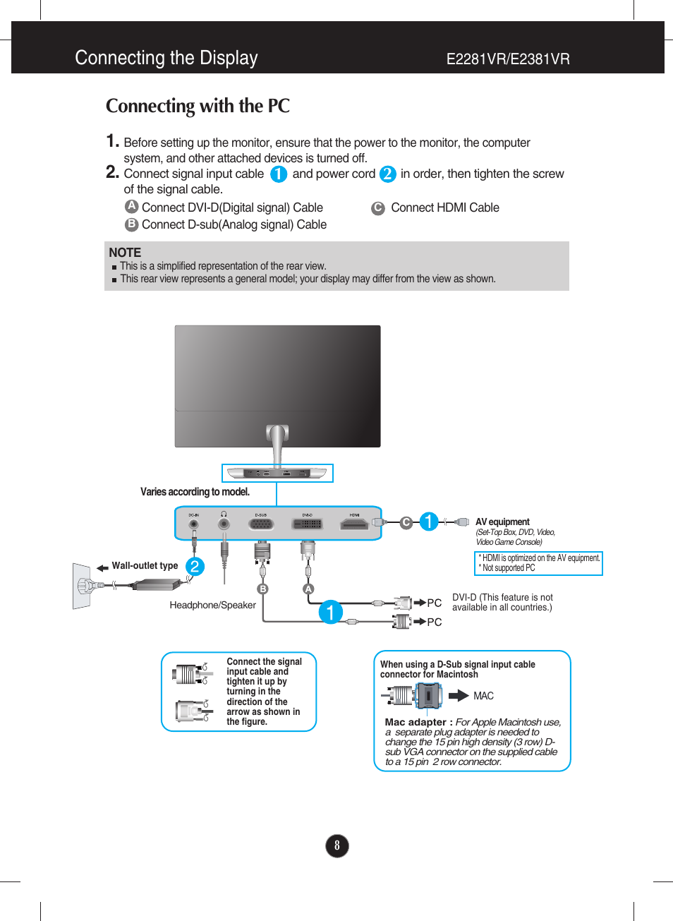 E2281vr/e2381vr, Connecting with the pc, Connecting the display | LG E2281VR-BN User Manual | Page 9 / 35