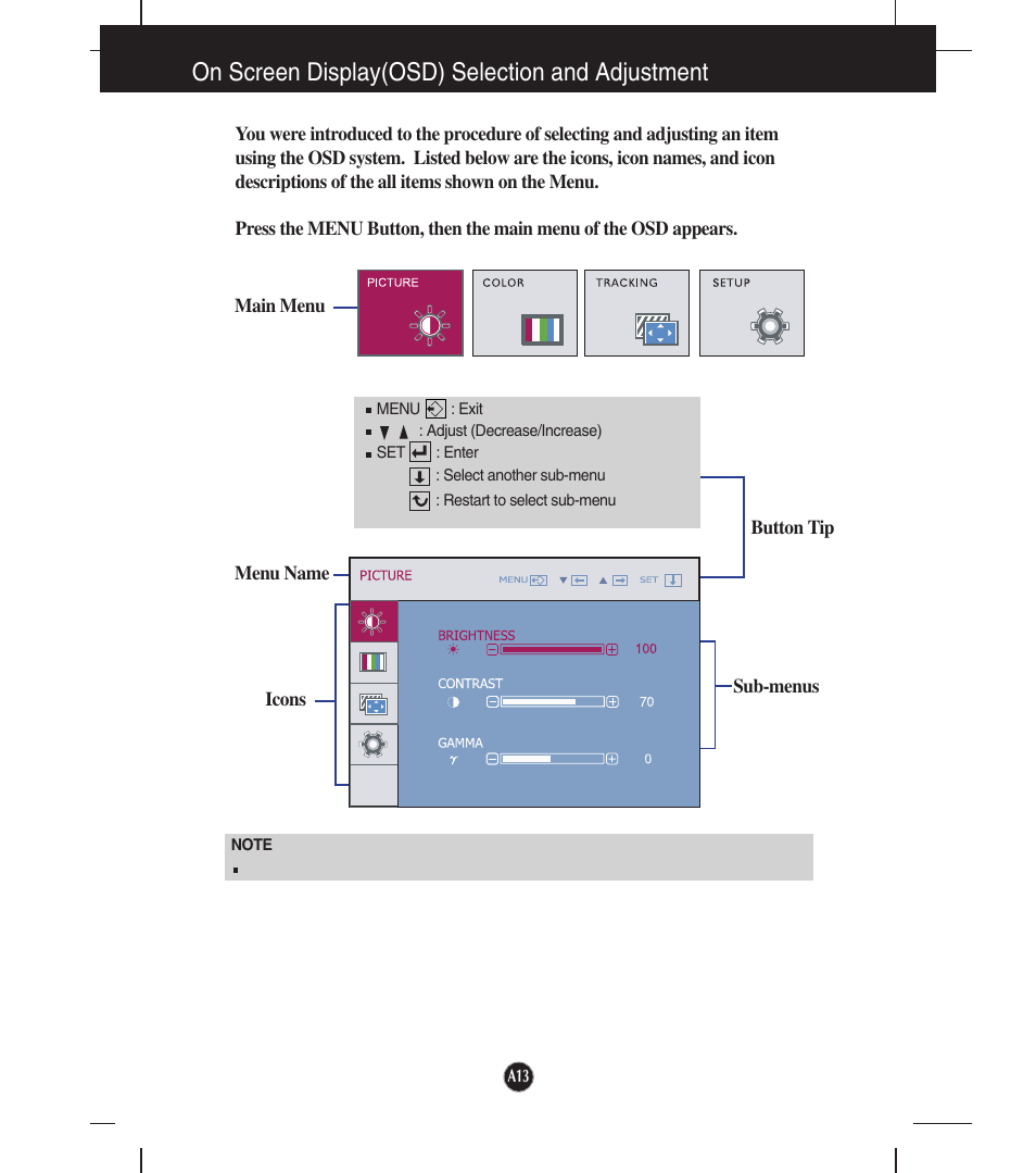 On screen display(osd) selection and adjustment | LG W2053TQ-PF User Manual | Page 14 / 28