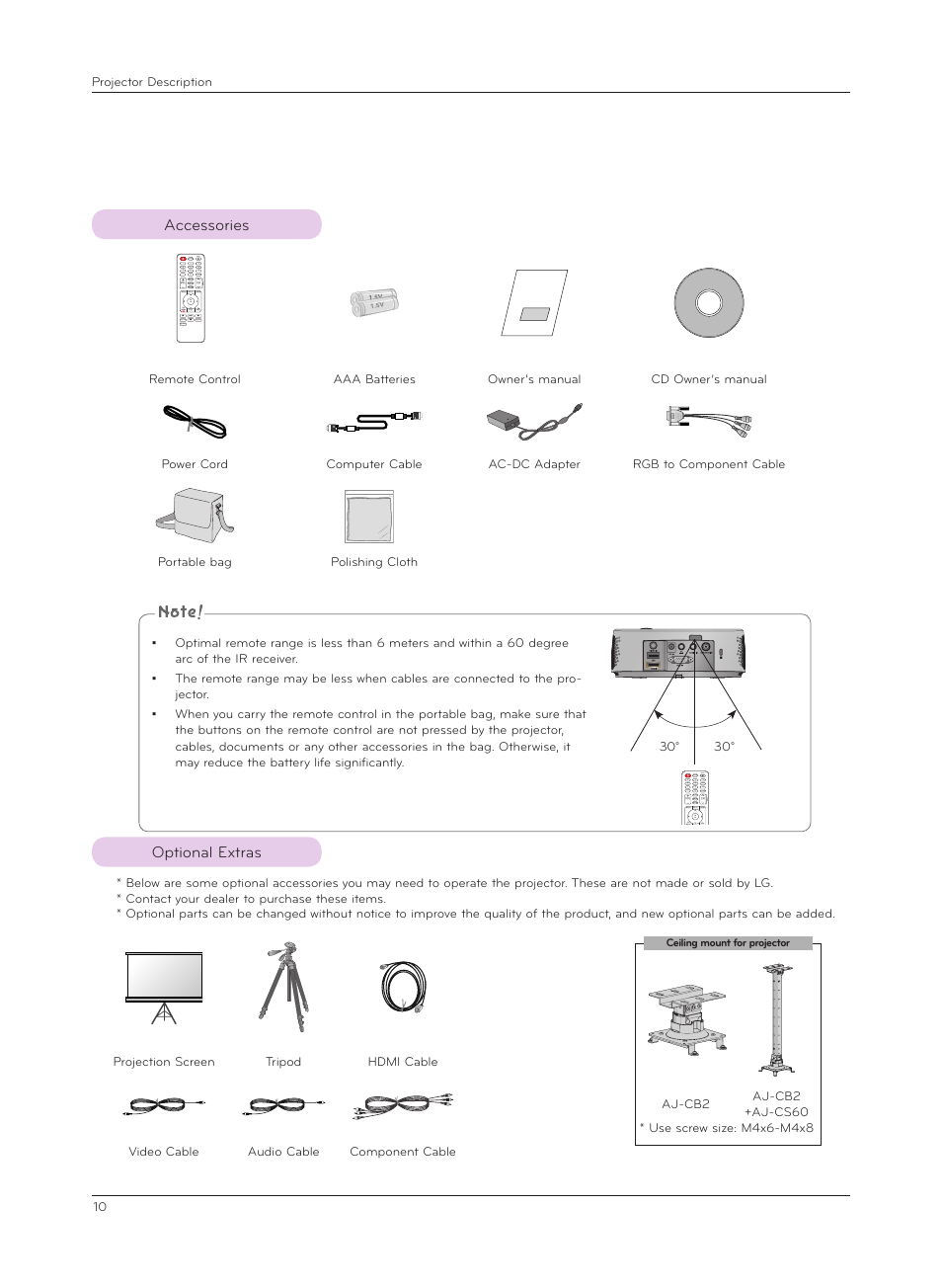 Accessories, Optional extras, Accessories optional extras | Blank infoⓘ still key’sꔍ key’sꔌ, Flashbk fav mark, Menu q.menu ꕉ back auto ok ꔉ, Input, 화면가림 방송안내 정보표시 화면정지 키스톤ꔍ 키스톤ꔌ, Menu q.menu ꕉ back auto ok ꔉ mute input, 10 projector description | LG HX350T User Manual | Page 10 / 54