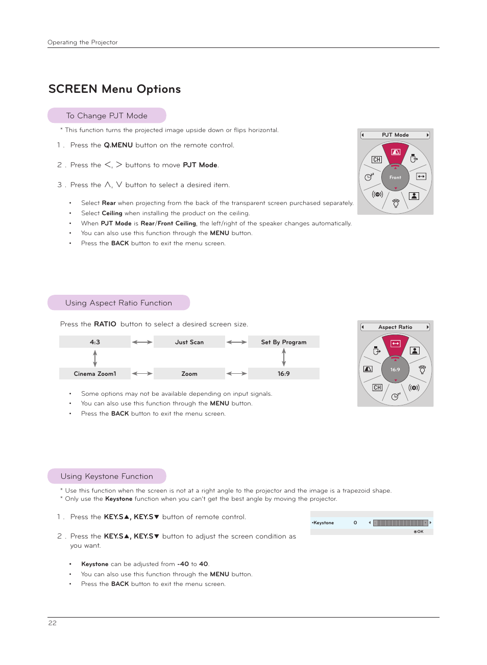 Screen menu options, To change pjt mode, Using aspect ratio function | Using keystone function | LG HX350T User Manual | Page 22 / 54