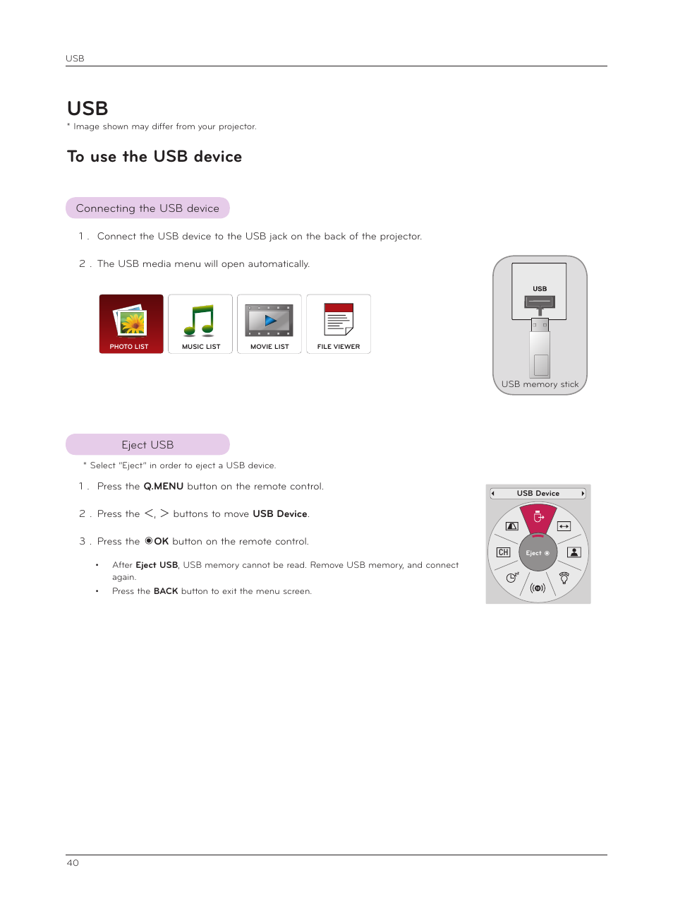 To use the usb device, Connecting the usb device, Eject usb | LG HX350T User Manual | Page 40 / 54