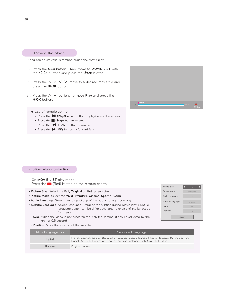 Playing the movie, Option menu selection, Option menu selection playing the movie | LG HX350T User Manual | Page 48 / 54