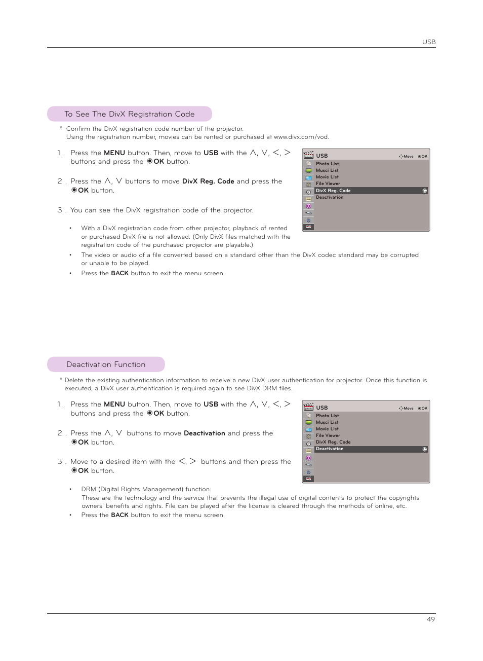 To see the divx registration code, Deactivation function | LG HX350T User Manual | Page 49 / 54