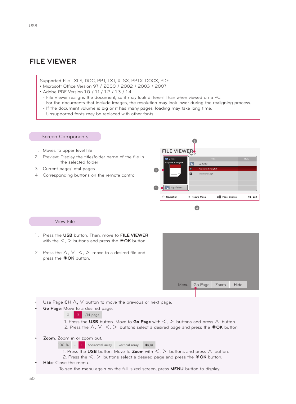 File viewer, Screen components, View file | LG HX350T User Manual | Page 50 / 54