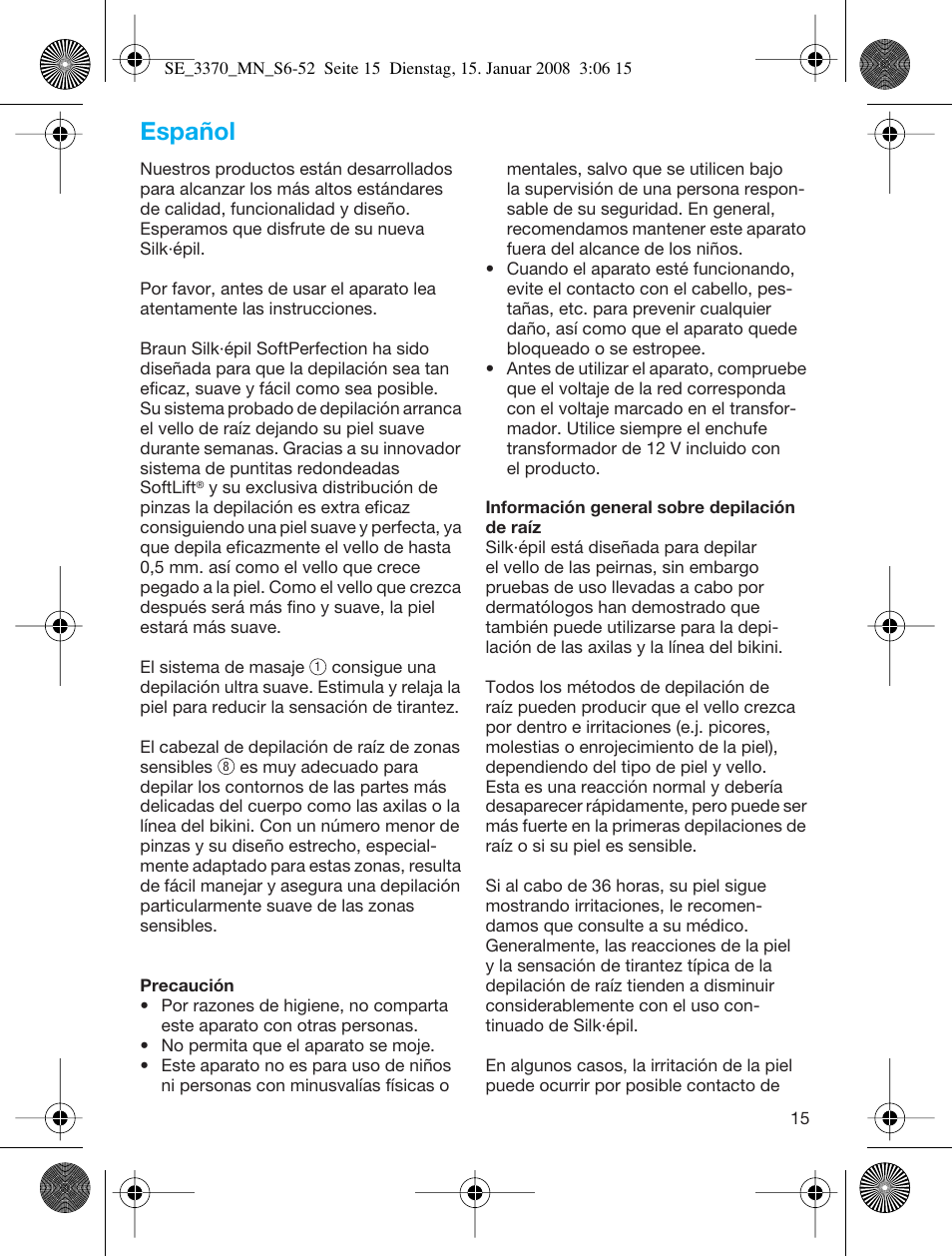 Español | Braun 3370-5318 Silk-épil SoftPerfection User Manual | Page 14 / 46
