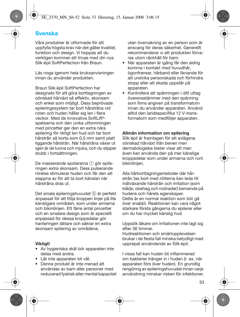 Svenska | Braun 3370-5318 Silk-épil SoftPerfection User Manual | Page 32 / 46