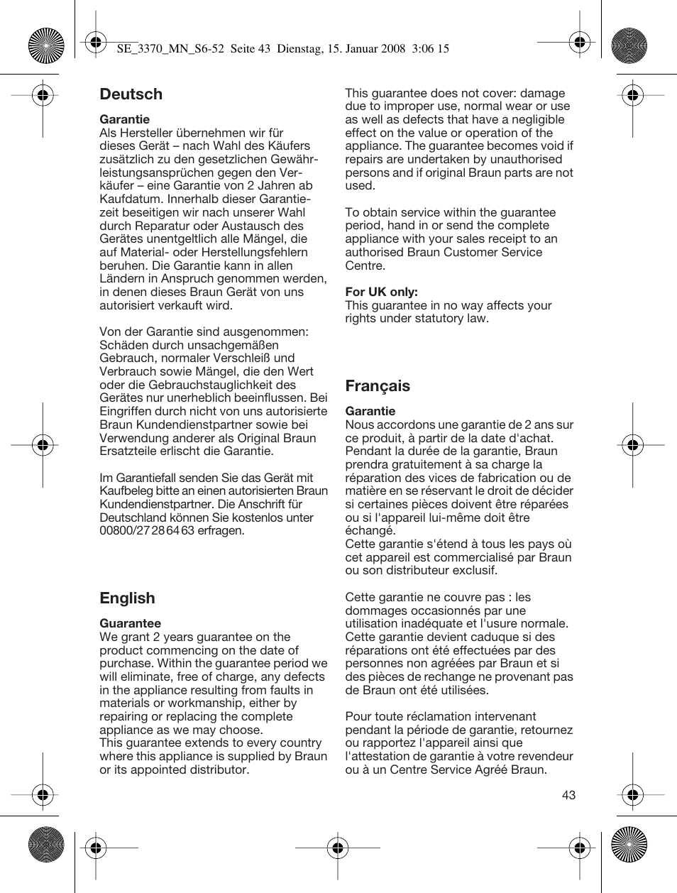 Deutsch, English, Français | Braun 3370-5318 Silk-épil SoftPerfection User Manual | Page 42 / 46