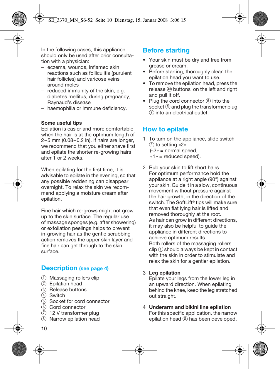 Description, Before starting, How to epilate | Braun 3370-5318 Silk-épil SoftPerfection User Manual | Page 9 / 46