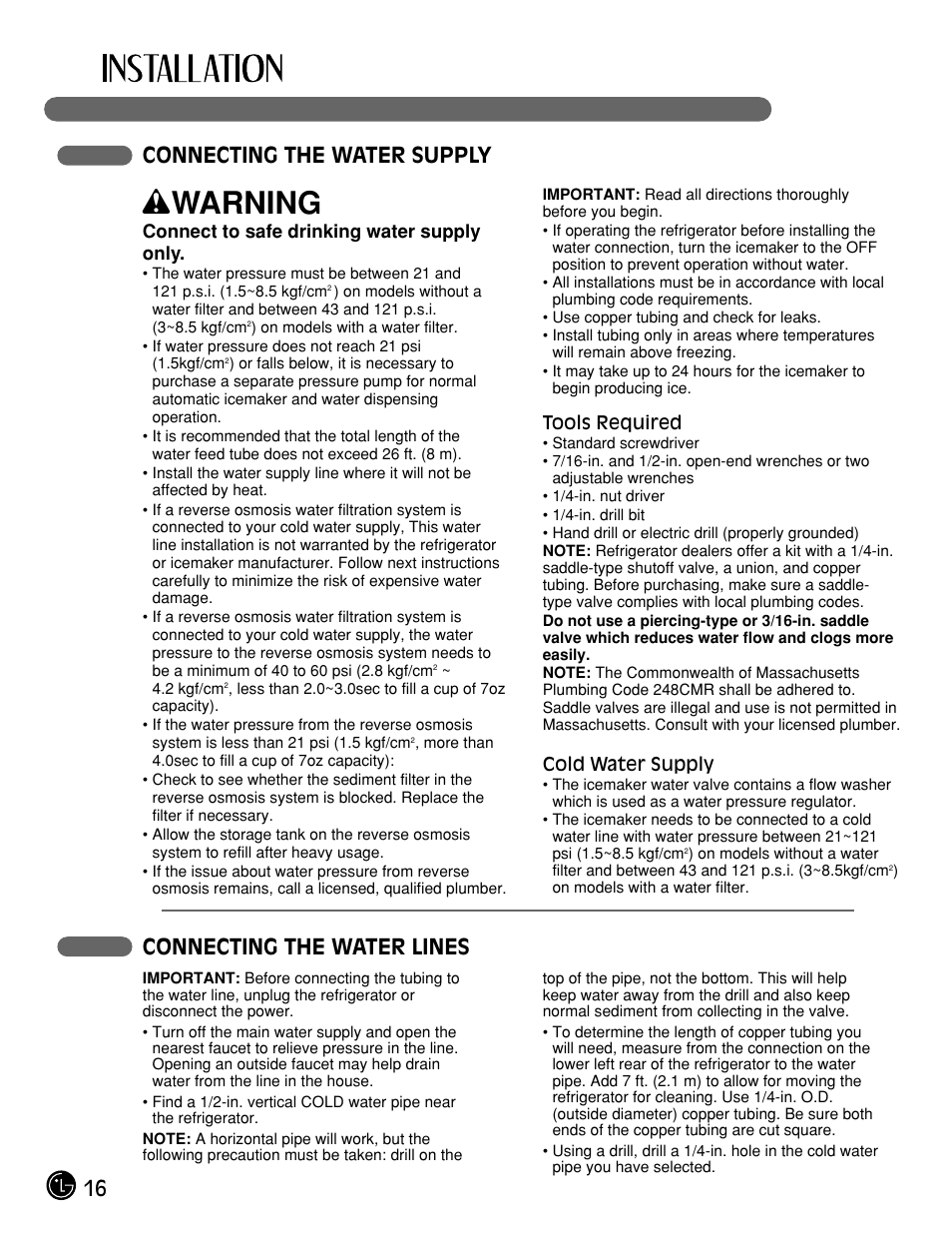 Wwarning, 16 connecting the water supply, Connecting the water lines | LG LFX21975ST User Manual | Page 16 / 43