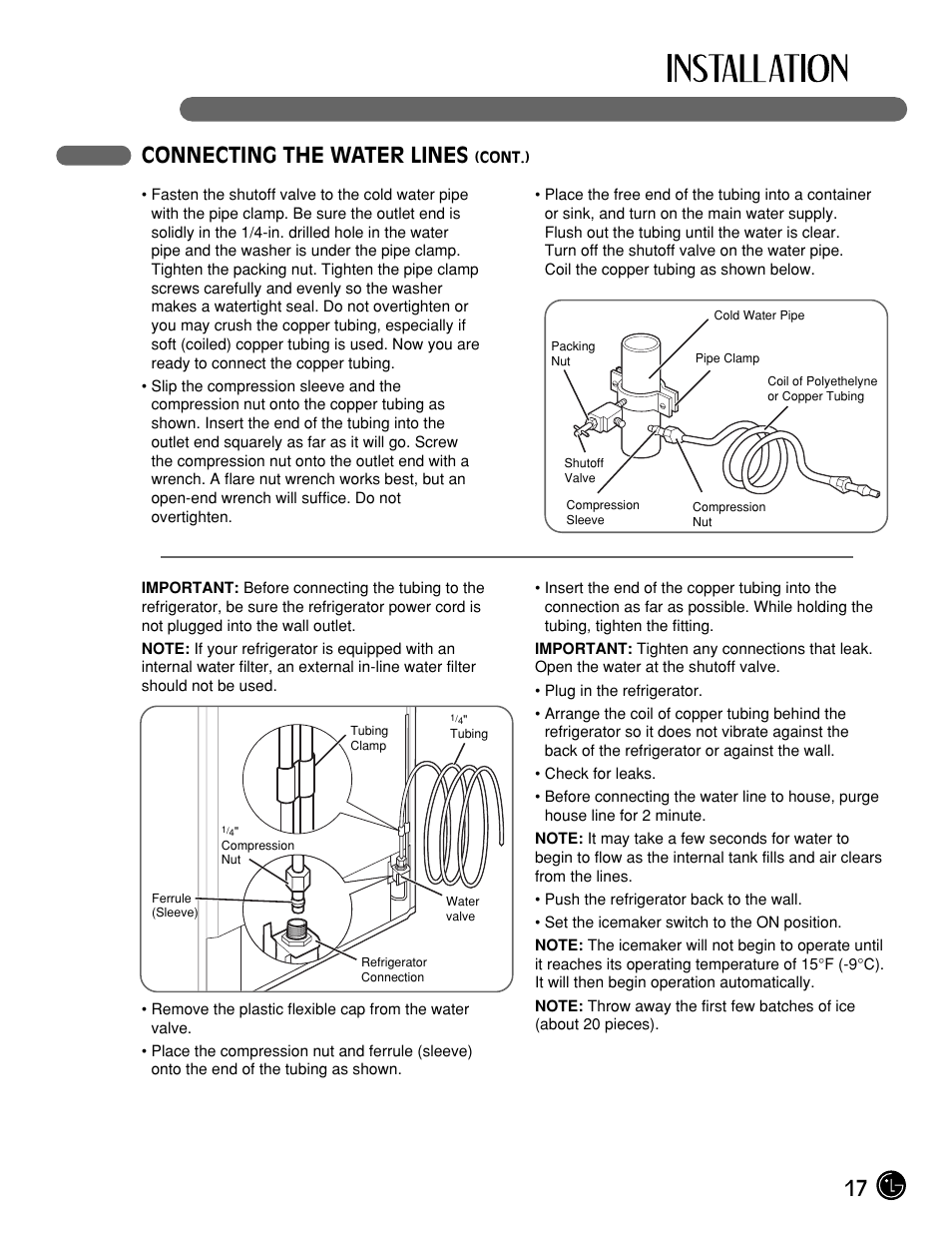 17 connecting the water lines | LG LFX21975ST User Manual | Page 17 / 43