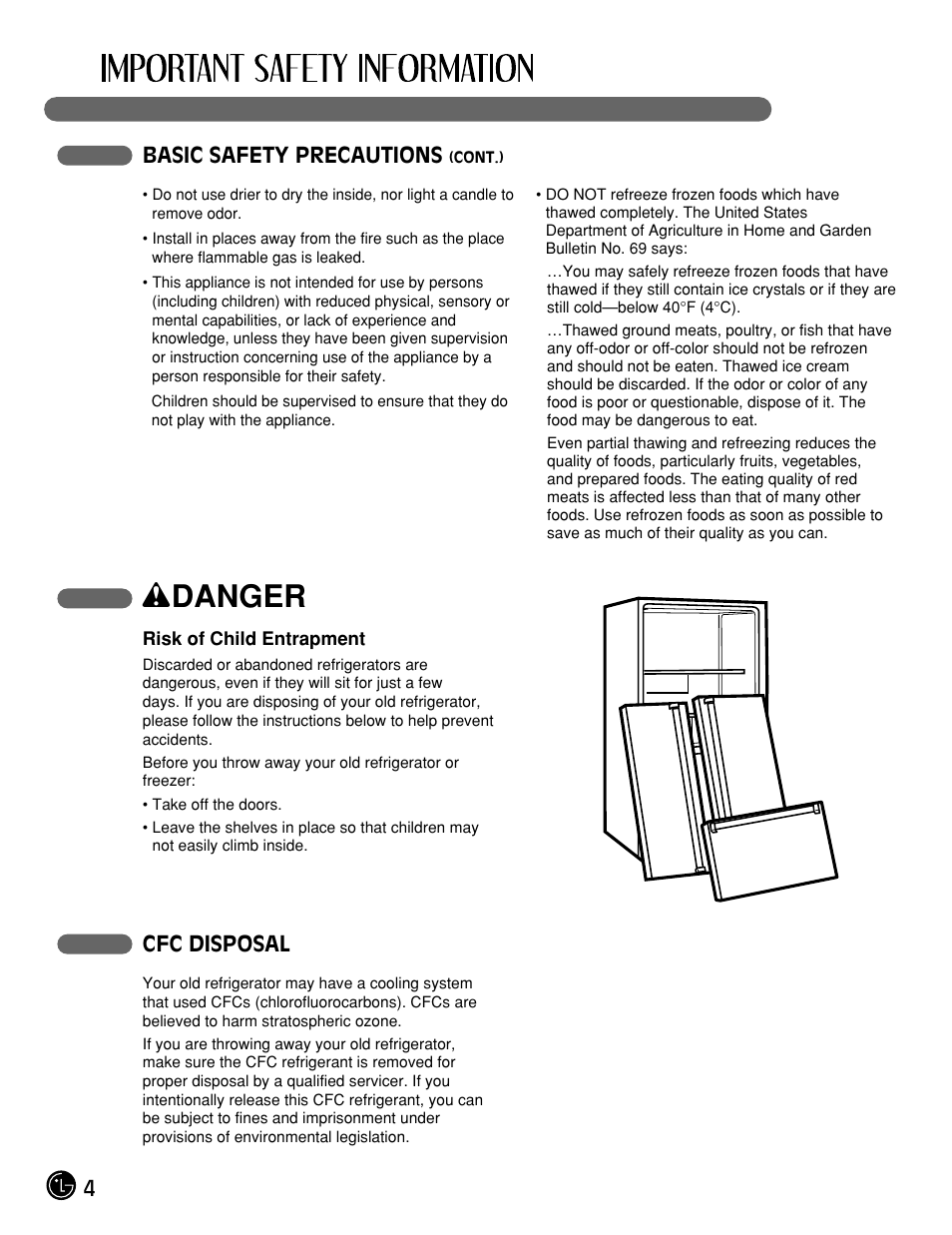 Wdanger, 4basic safety precautions, Cfc disposal | LG LFX21975ST User Manual | Page 4 / 43