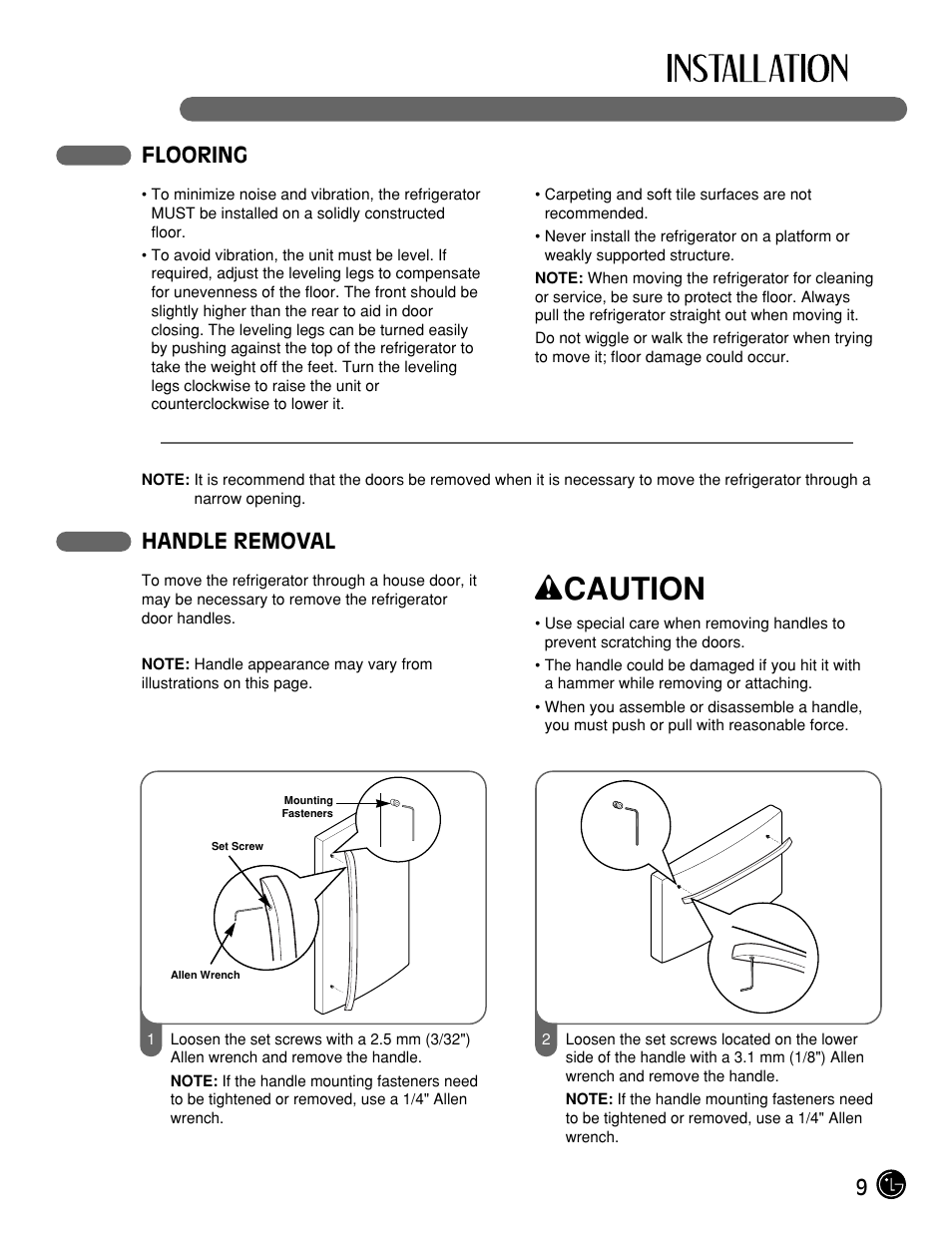 Wcaution, 9flooring, Handle removal | LG LFX21975ST User Manual | Page 9 / 43
