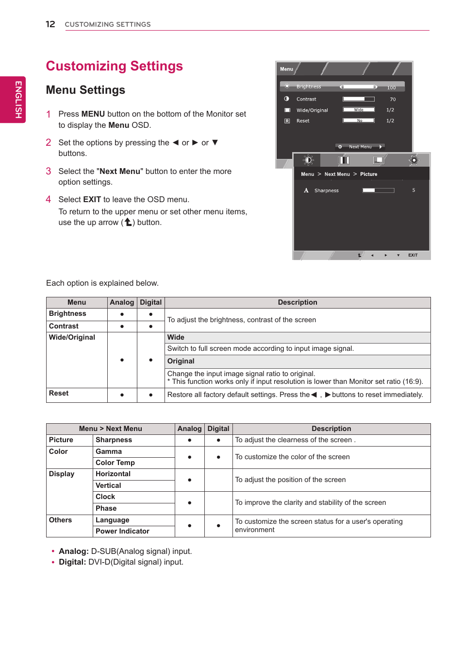 Customizing settings, Menu settings, 12 customizing settings 12 | Accesses the main menus.(see p.12) | LG 20EN33TS-B User Manual | Page 12 / 32