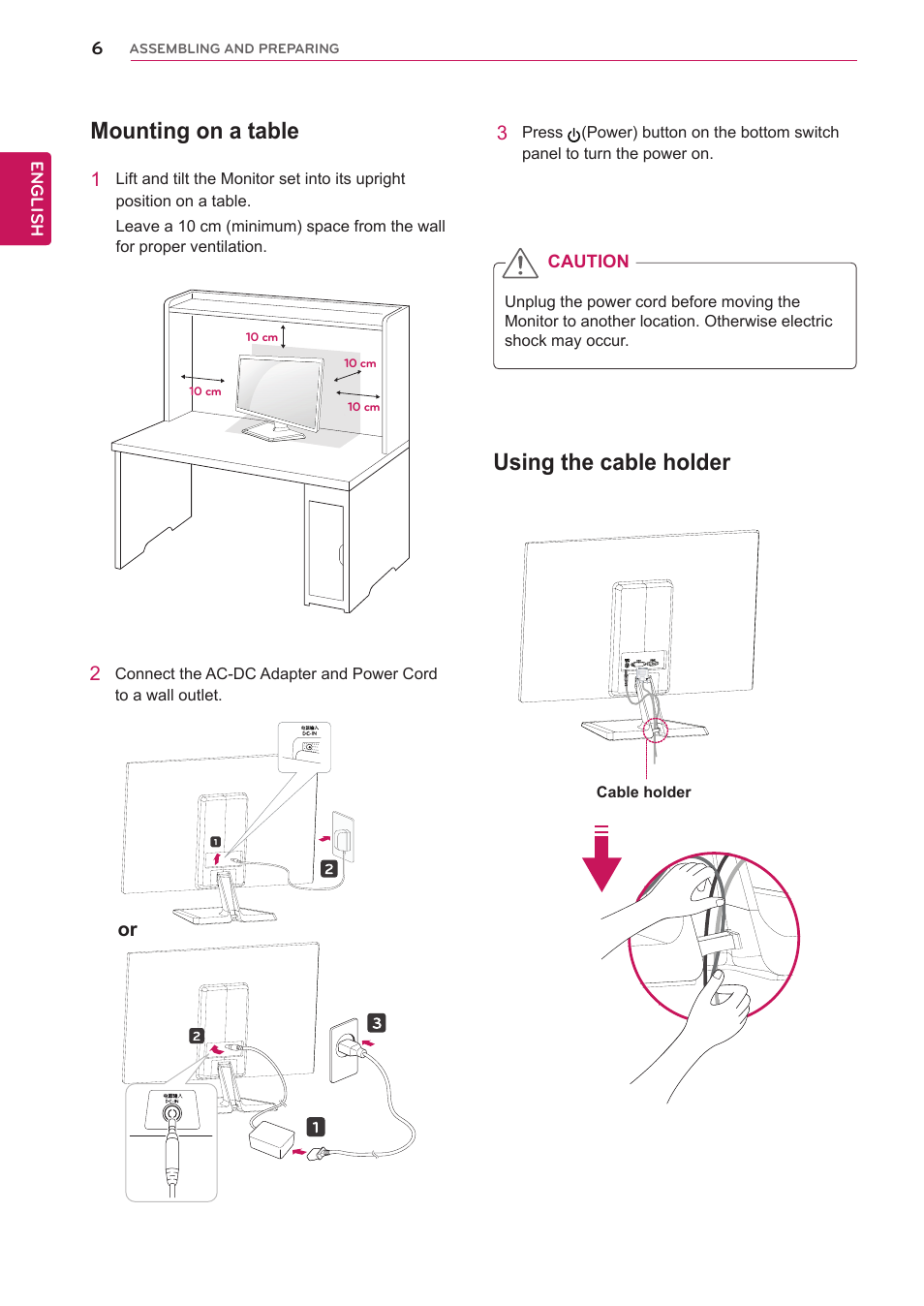 Mounting on a table, Using the cable holder | LG 20EN33TS-B User Manual | Page 6 / 32