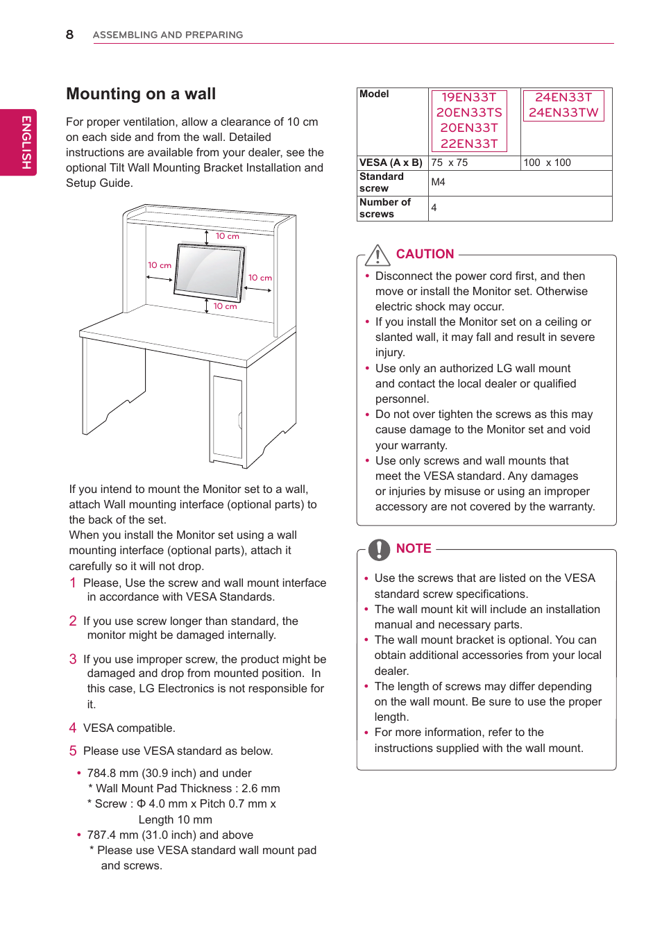 Mounting on a wall | LG 20EN33TS-B User Manual | Page 8 / 32