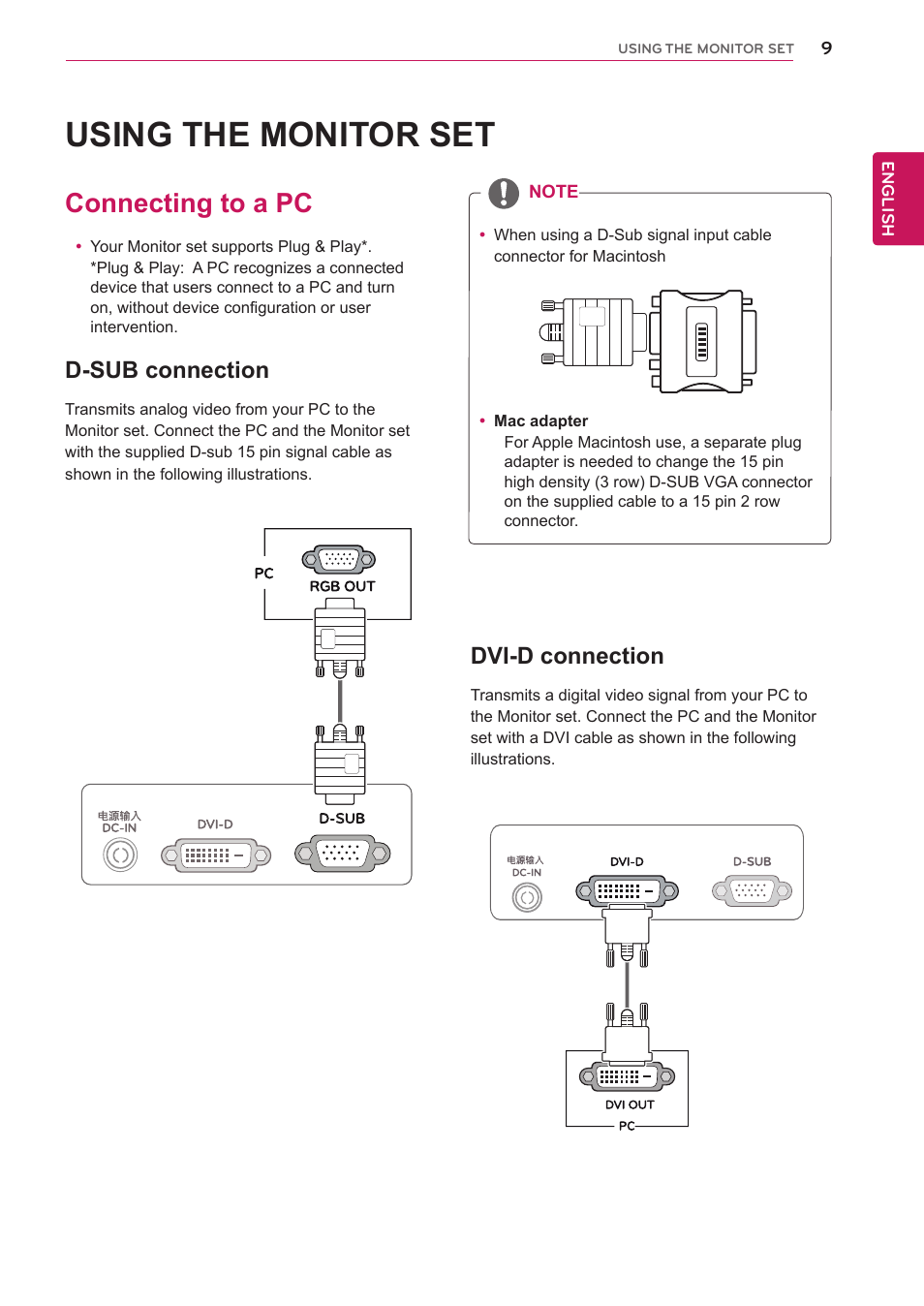 Using the monitor set, Connecting to a pc, D-sub connection | Dvi-d connection | LG 20EN33TS-B User Manual | Page 9 / 32