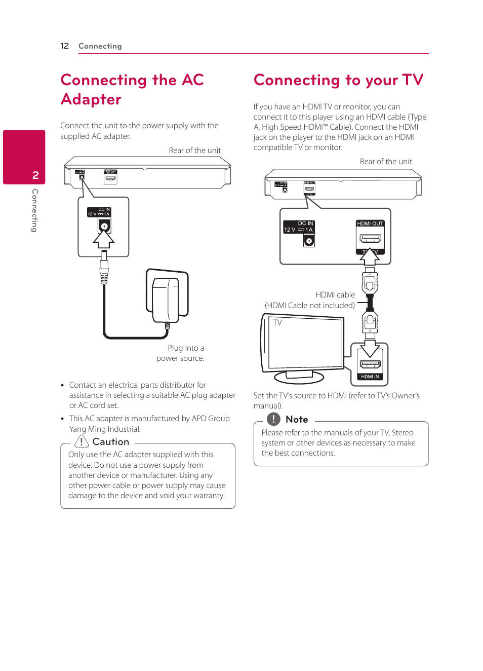 2 connecting, Connecting the ac adapter, Connecting to your tv | LG BP135 User Manual | Page 12 / 46