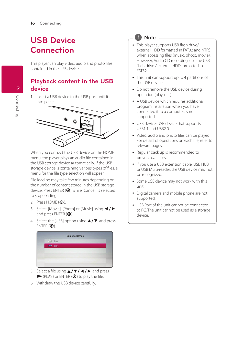 Usb device connection, Playback content in the usb device, 16 – playback content in the usb device | LG BP135 User Manual | Page 16 / 46