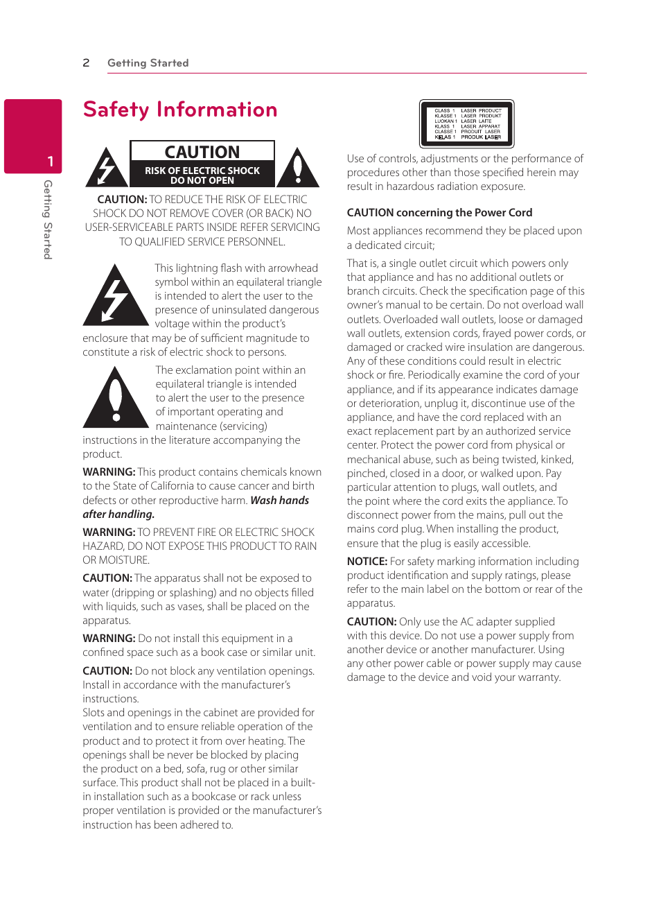 1 getting started, Safety information, Caution | LG BP135 User Manual | Page 2 / 46