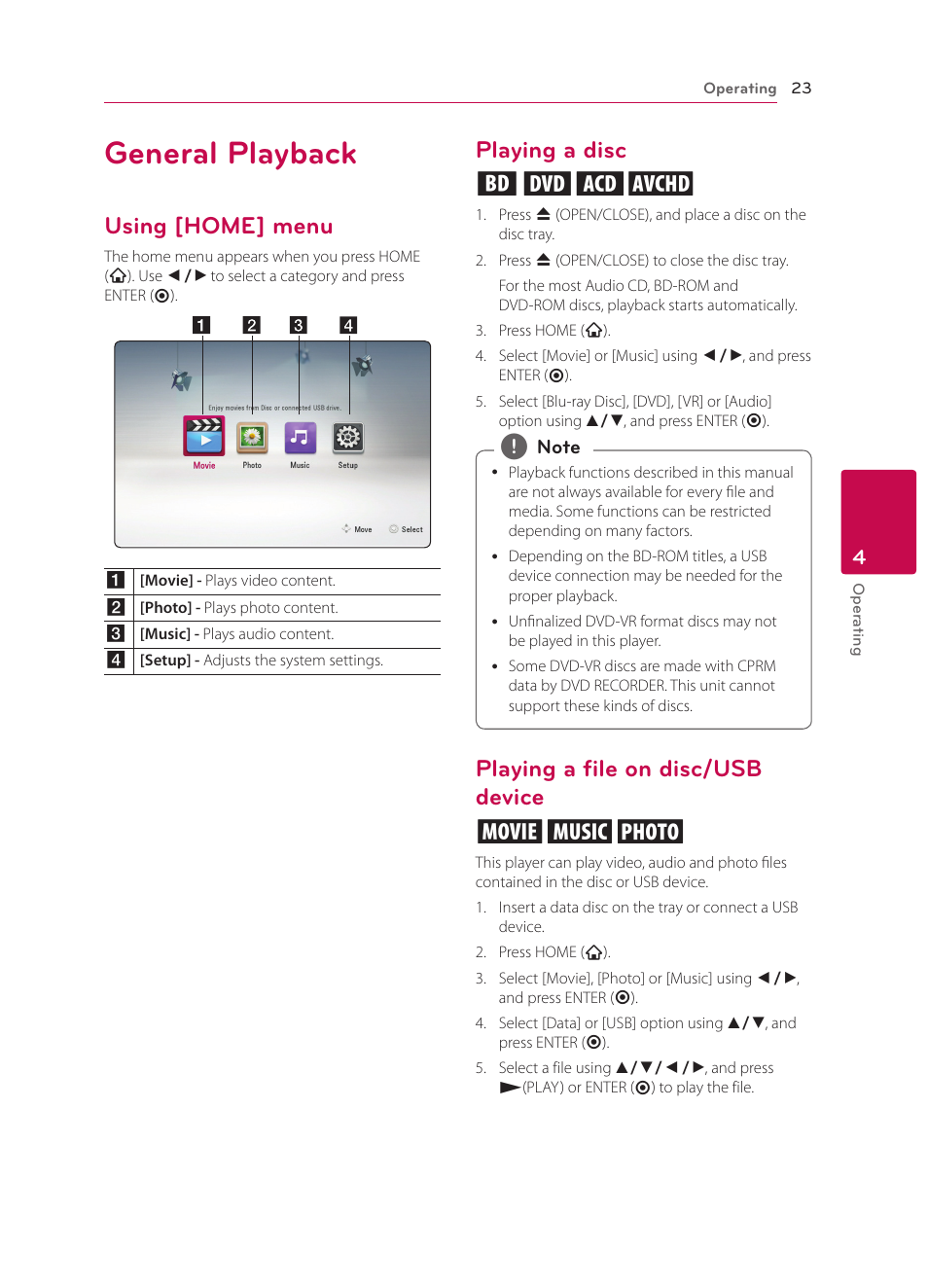4 operating, General playback, Using [home] menu | Playing a disc, Playing a file on disc/usb device, Playing a disc erto, Playing a file on disc/usb device yui | LG BP135 User Manual | Page 23 / 46
