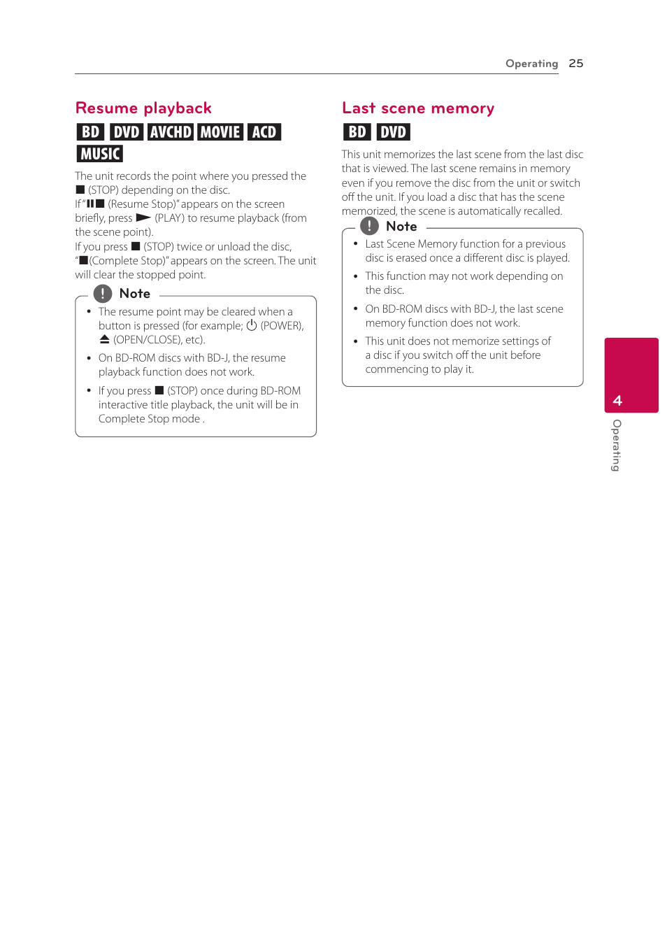 Resume playback, Last scene memory, 25 – resume playback 25 – last scene memory | Resume playback eroyt u | LG BP135 User Manual | Page 25 / 46