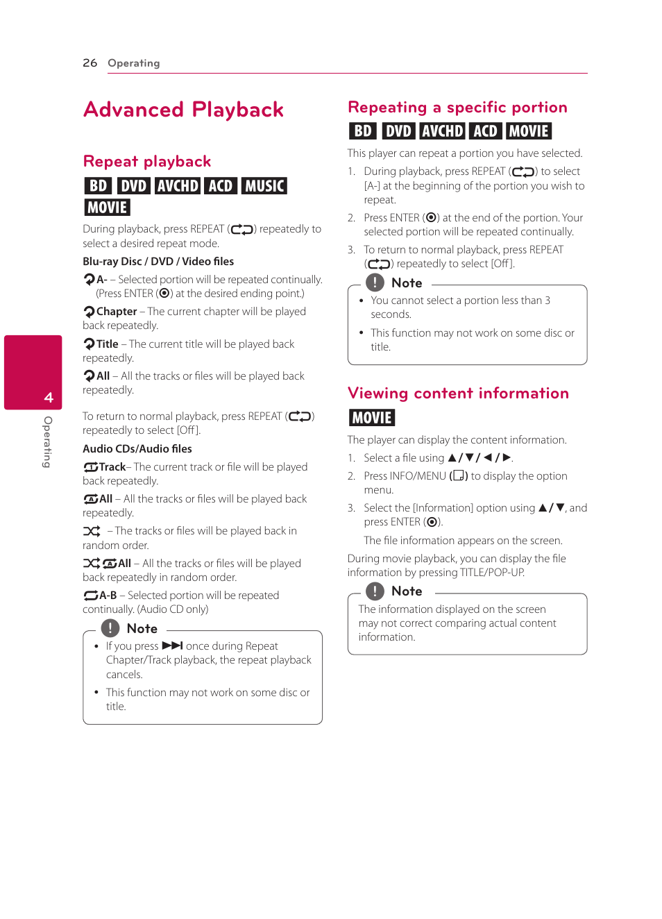 Advanced playback, Repeat playback, Repeating a specific portion | Viewing content information, Repeat playback erotu y, Repeating a specific portion eroty, Viewing content information y | LG BP135 User Manual | Page 26 / 46