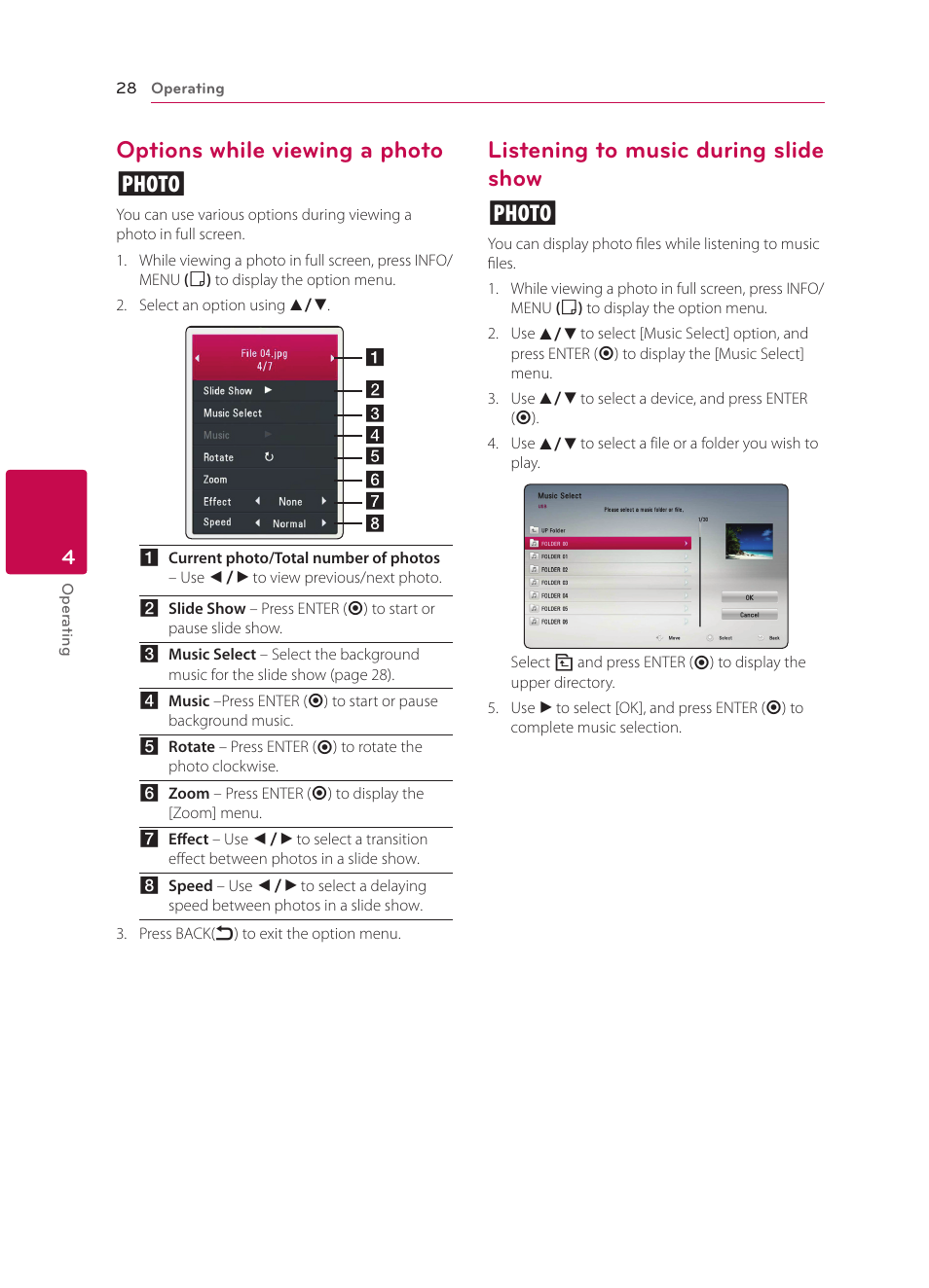Options while viewing a photo, Listening to music during slide show, Options while viewing a photo i | Listening to music during slide show i | LG BP135 User Manual | Page 28 / 46
