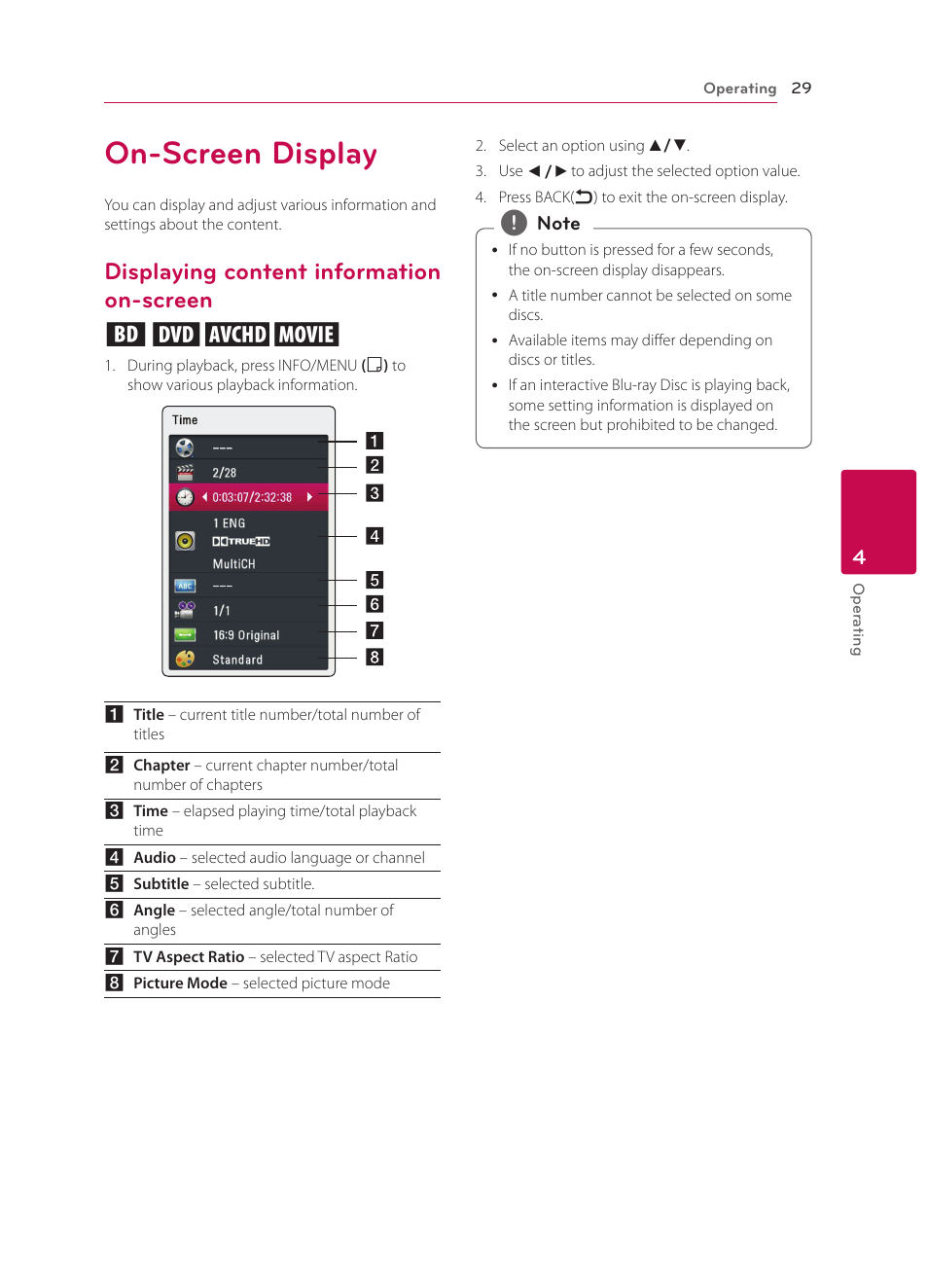 On-screen display, Displaying content information on-screen, Screen | Displaying content information on-screen eroy | LG BP135 User Manual | Page 29 / 46