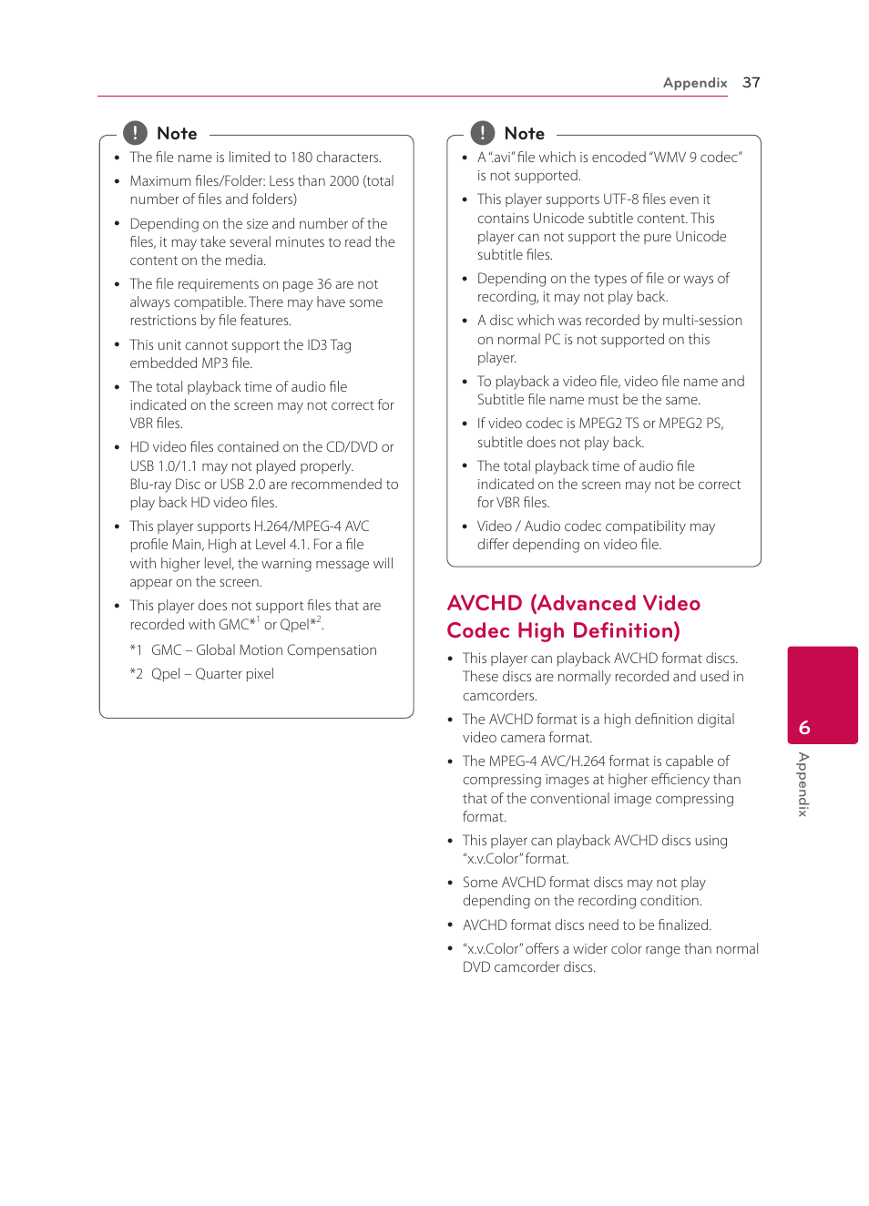 Avchd (advanced video codec high definition), 37 – avchd (advanced video codec high, Definition) | LG BP135 User Manual | Page 37 / 46