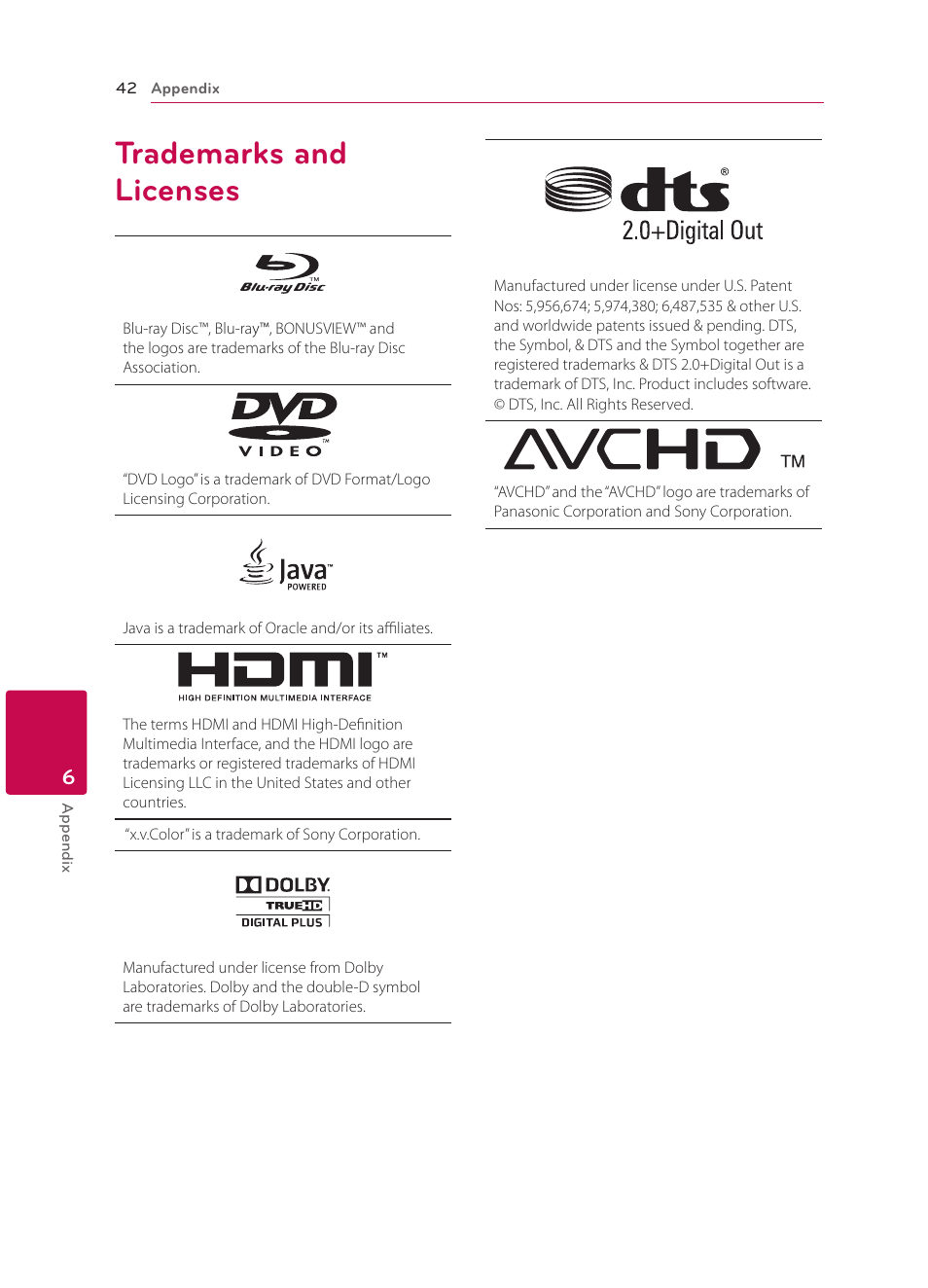 Trademarks and licenses, 42 trademarks and licenses | LG BP135 User Manual | Page 42 / 46