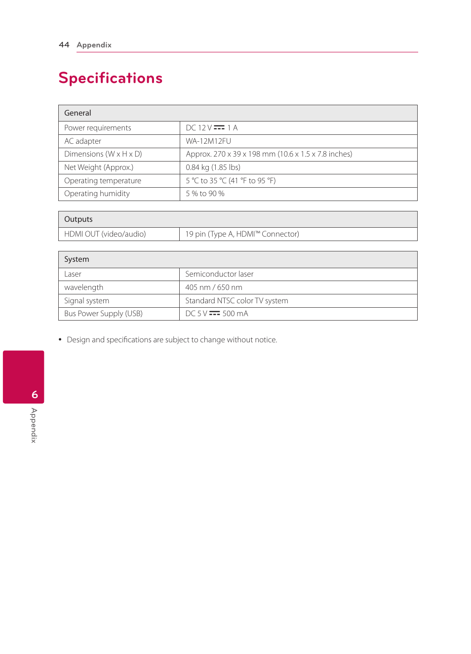 Specifications, 44 specifications | LG BP135 User Manual | Page 44 / 46