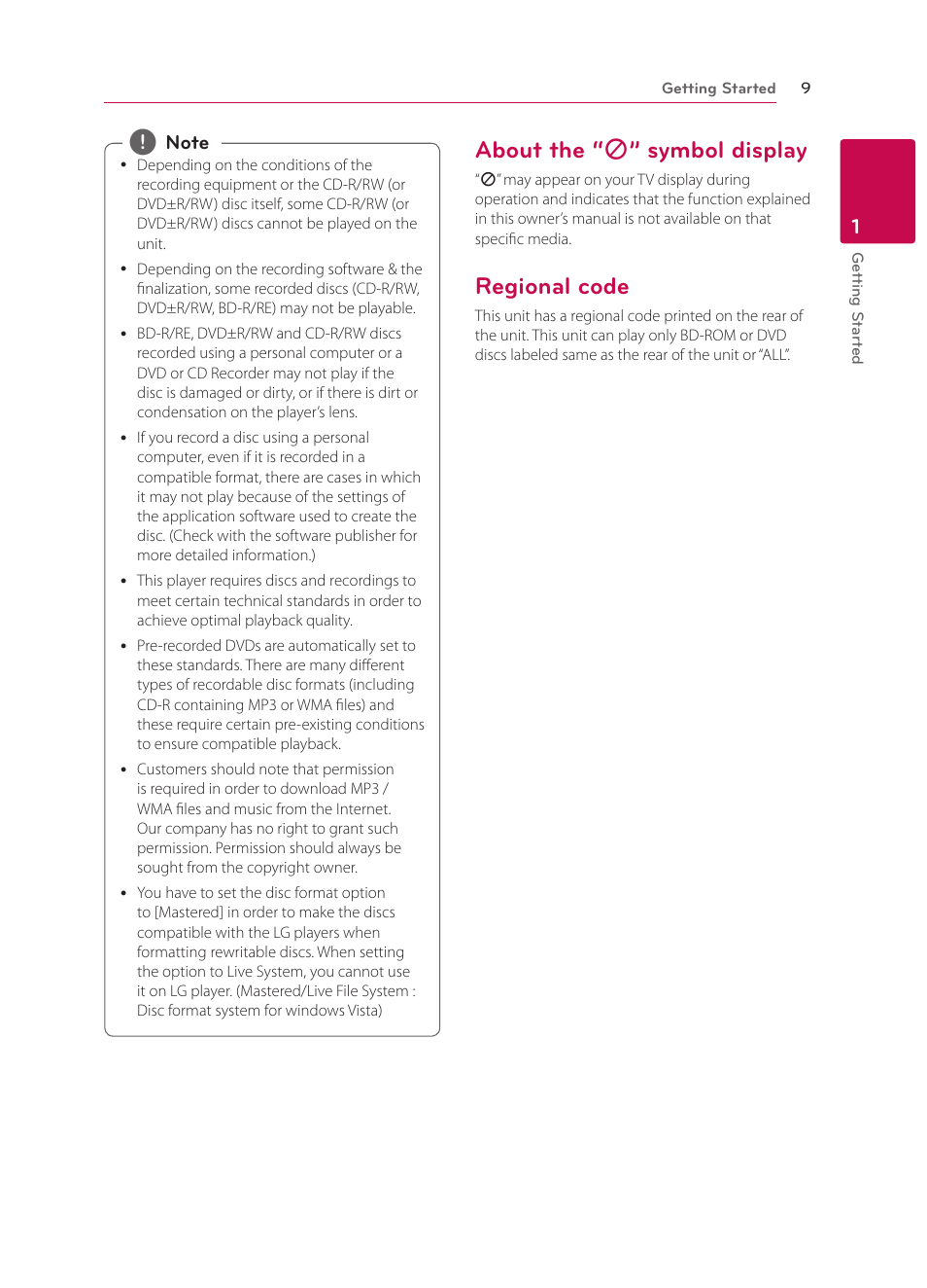 About the “7” symbol display, Regional code, About the | 7” symbol display, About the “ 7 ” symbol display | LG BP135 User Manual | Page 9 / 46